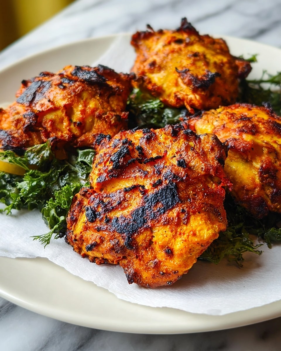 Three pieces of grilled chicken with a golden orange color and charred black spots are placed on a white plate. The chicken pieces are unevenly shaped and have a crispy outer texture. Underneath them, there is a layer of dark green leafy vegetables, partially visible at the back, and the food rests on a white paper lining. The background shows a white marbled texture. Photo taken with an iphone --ar 4:5 --v 7