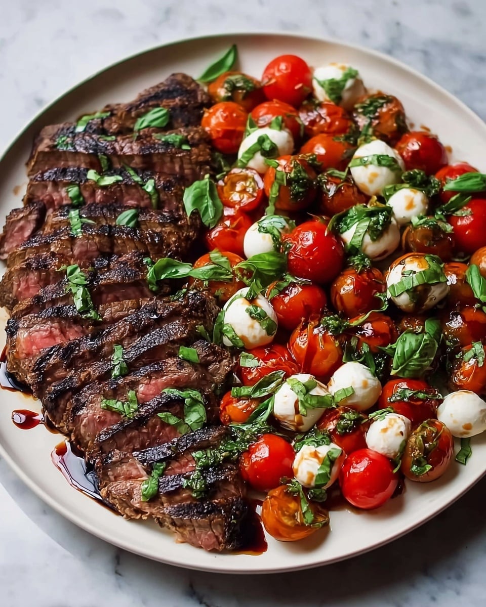 On a white plate sitting on a white marbled surface, there are two main layers side by side; on the left side, a layer of grilled steak slices shows a dark brown crust with char marks and a pinkish interior, neatly fanned out. On the right side, a bright and fresh layer of cherry tomatoes and small mozzarella balls are mixed with chopped green basil leaves, all drizzled with a shiny balsamic glaze, giving a glossy texture to the red, white, and green colors. Photo taken with an iphone --ar 4:5 --v 7