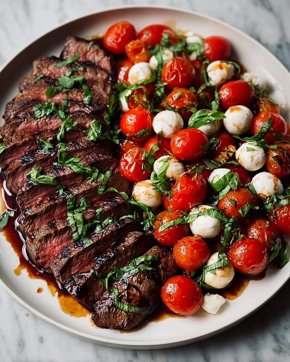 A white round plate holds a dish with two main layers side by side. On the left, there are seven slices of grilled steak, showing dark brown char marks and a juicy pink center, arranged closely in a curved line. On the right, a mix of bright red cherry tomatoes and small white mozzarella balls is scattered, covered with fresh chopped green basil leaves. The entire dish has a shiny dark balsamic glaze drizzled over it, adding a glossy texture. The surface under the plate is a white marbled texture. photo taken with an iphone --ar 4:5 --v 7