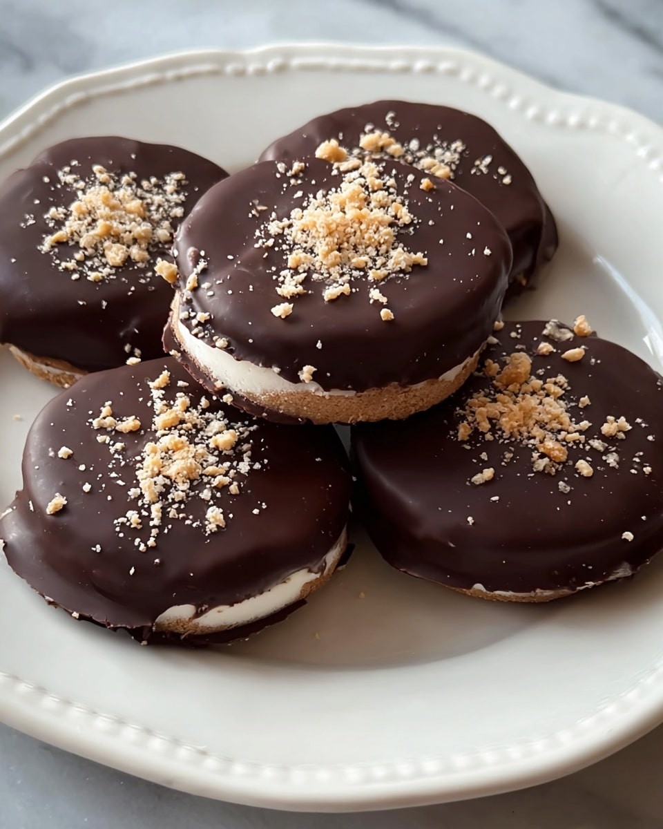 The image shows five round treats arranged on a white plate with a subtle decorative edge. Each treat has two layers: a smooth, glossy dark brown chocolate coating on top, and a lighter, slightly rougher beige layer visible around the edges beneath the chocolate. The top surface of every piece is sprinkled with small, light beige crumbs, adding texture and color contrast. The treats are placed closely together, with one piece slightly overlapping the others in the center. The plate sits on a white marbled surface. photo taken with an iphone --ar 4:5 --v 7