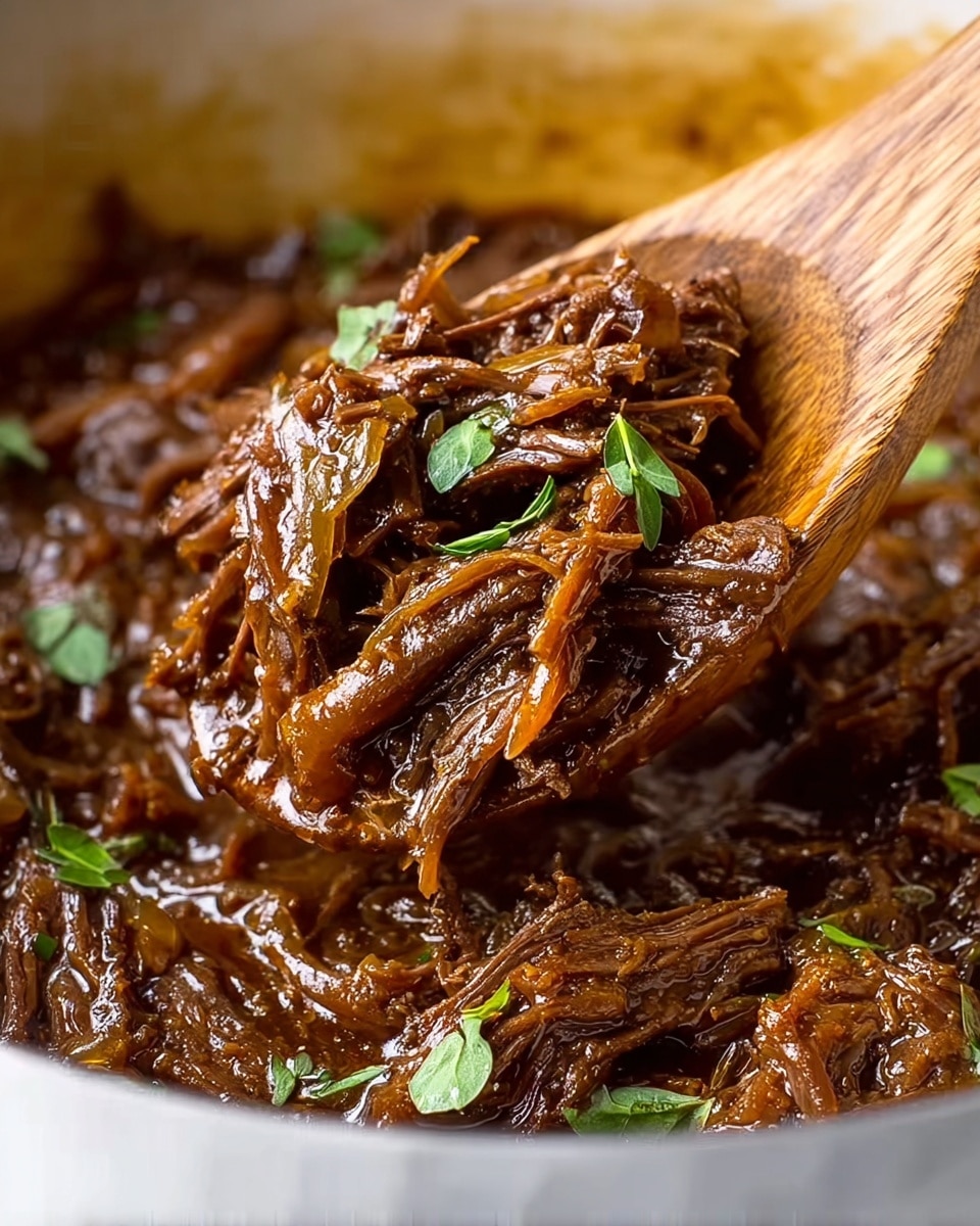 A close-up image shows dark brown shredded beef cooked in a glossy, thick sauce with visible strands of caramelized onions mixed in. Small green herb leaves are scattered on top, adding a fresh contrast. The beef appears tender, moist, and richly coated in the sauce. A wooden spoon is lifting a portion of the beef from a white vessel, and the background surface is a white marbled texture. photo taken with an iphone --ar 4:5 --v 7