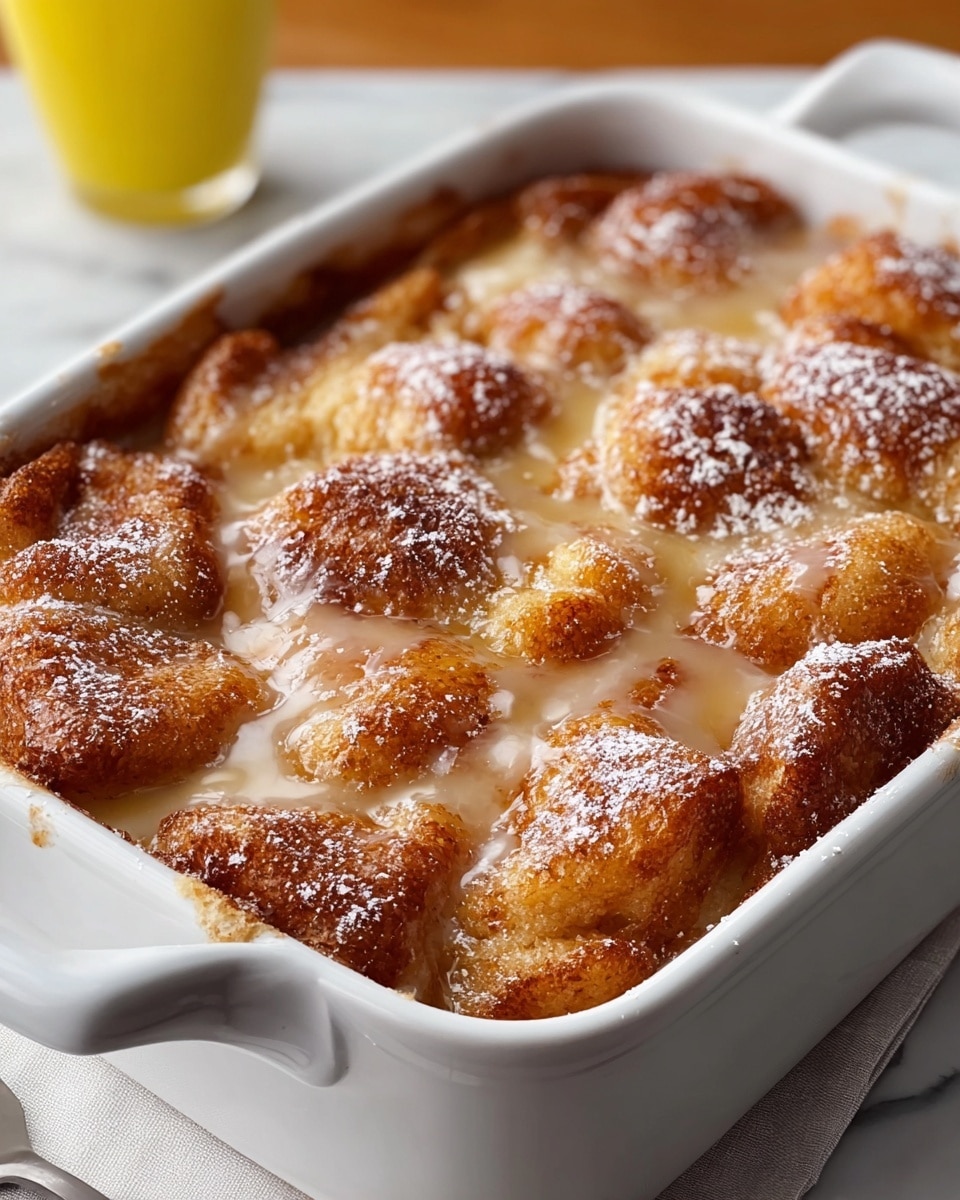 A close-up view of a baked dessert in a white rectangular ceramic dish with handles, showing a top layer of golden brown, unevenly shaped pieces with a slightly crispy texture, covered in a light, glossy glaze. The glaze has a creamy, semi-transparent look with small pools settled in the crevices between the doughy pieces. There is a dusting of white powdered sugar evenly spread on the top, adding a soft contrast to the warm brown shades. The dish rests on a white marbled surface with a napkin partly underneath it, and a blurred yellow object in the background. Photo taken with an iphone --ar 4:5 --v 7