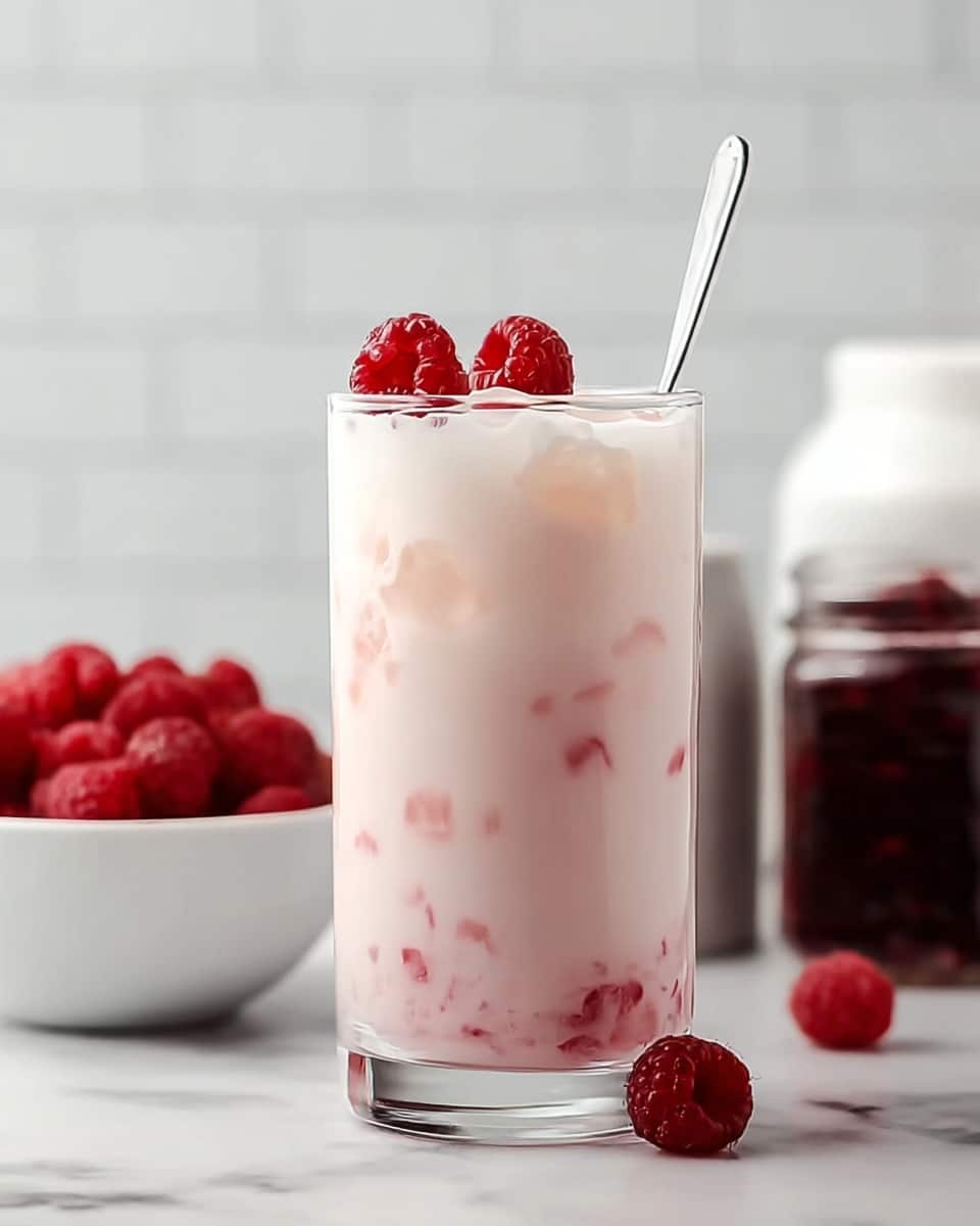 A tall clear glass filled with a pink creamy drink, showing light red bits floating inside the drink. The top of the drink is thick and creamy white with a few fresh red raspberries placed on top, and a silver spoon sticking out from the glass. In the background, there is a white bowl filled with more red raspberries on the left, and a white jar with dark red contents on the right. The whole scene is set on a white marbled surface. photo taken with an iphone --ar 4:5 --v 7