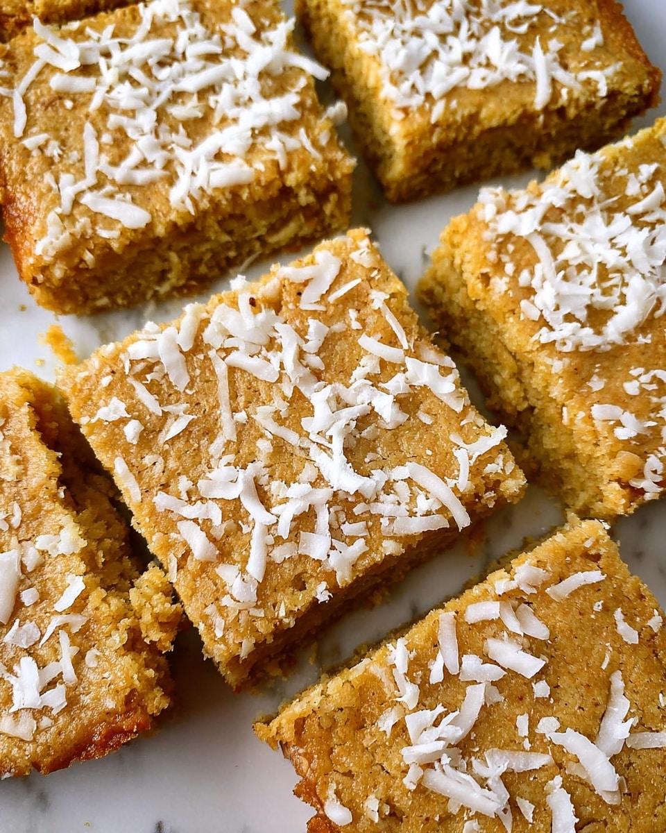 A close-up image showing a stack of three square blondie bars on a white marbled surface, each bar golden brown with a crumbly texture and visible moist, chewy inside layers. The top bar has a bite taken out of the right side, revealing its soft interior. White shredded coconut pieces are scattered on top and around the stack, adding texture and contrast to the warm brown colors of the bars. The background is plain white, keeping the focus on the stacked dessert bars. photo taken with an iphone --ar 4:5 --v 7
