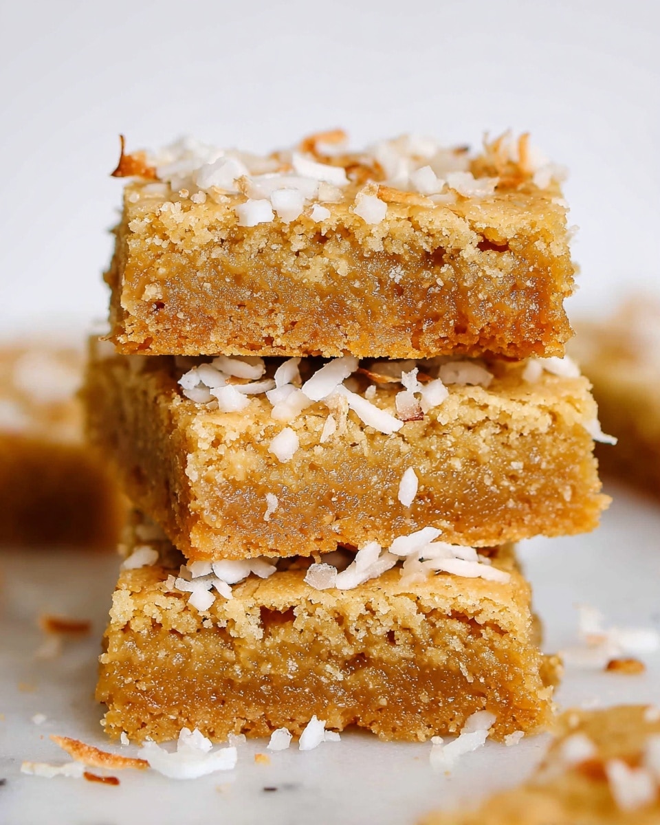 The image shows several golden brown square bars with a cracked, slightly crumbly texture, each topped with small white shredded coconut pieces scattered unevenly on top. The bars are closely placed on a white marbled surface, revealing a soft, dense interior beneath the slightly crisp top layer. The overall look is warm and inviting with a homemade feel. photo taken with an iphone --ar 4:5 --v 7