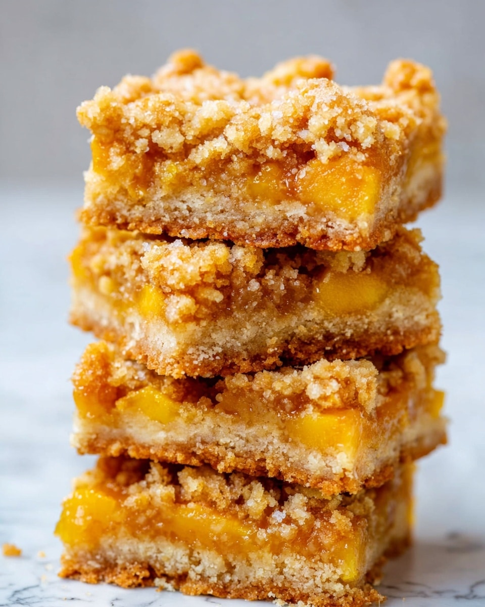 A close-up view of four stacked square peach crumb bars on a white marbled surface, each bar showing three visible layers: a crumbly, light golden brown crust at the bottom, a bright orange peach filling in the middle with juicy fruit chunks, and a crumbly, golden streusel topping with coarse sugar pieces on top, giving a rough and crunchy texture. The bars display moist, soft peach filling peeking through the crumb layers. Photo taken with an iphone --ar 4:5 --v 7