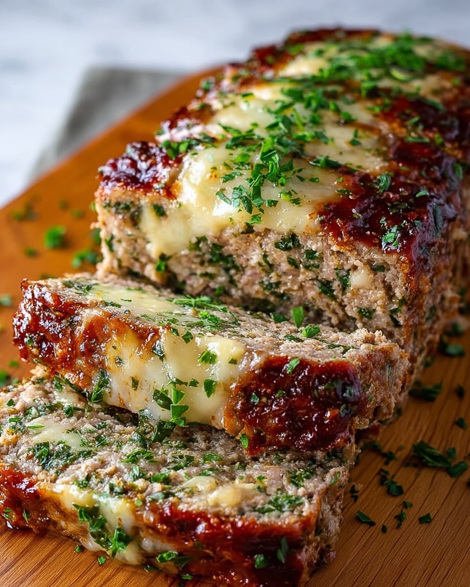 A close-up of a rectangular meatloaf with three thick slices cut and slightly separated from the main loaf, showing a moist interior mixed with green herbs. The meatloaf has a golden-brown crust with melted cheese peeking out between the layers, and it is topped with finely chopped fresh green herbs. The meatloaf is placed on a wooden board with some scattered herbs around it, all set against a white marbled texture background. photo taken with an iphone --ar 4:5 --v 7