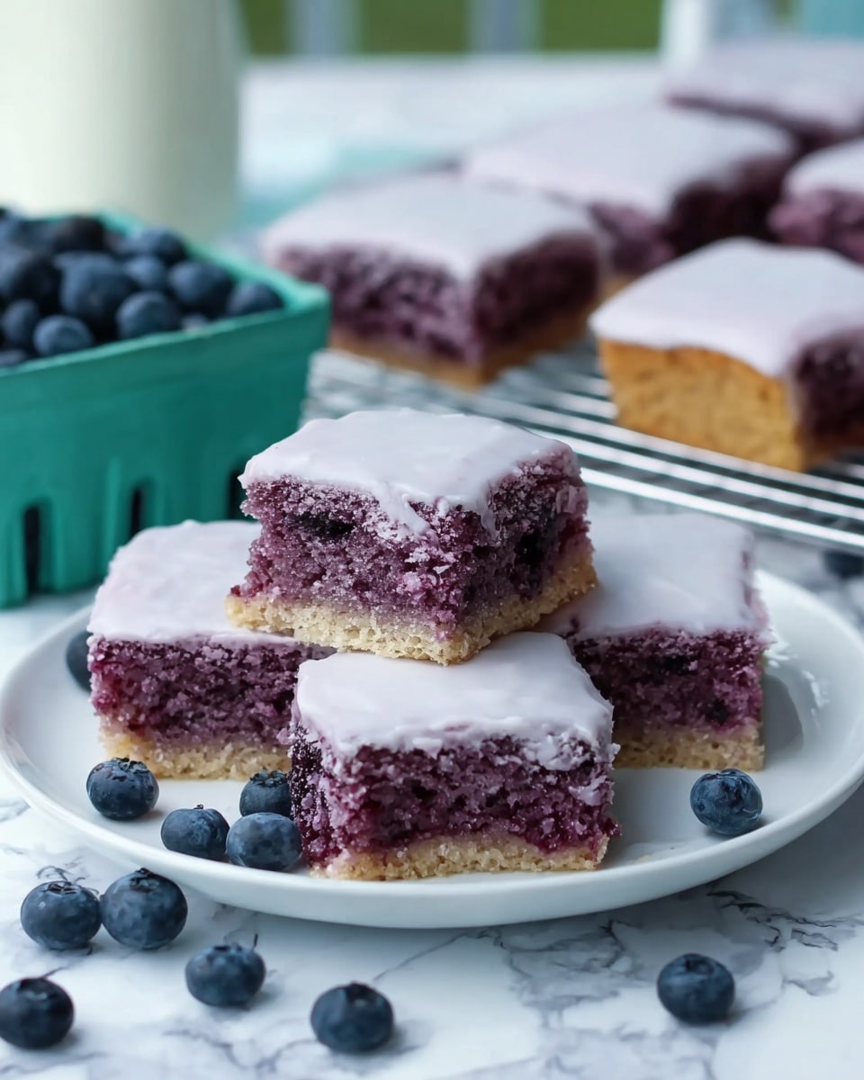 The image shows a white plate holding five square pieces of blueberry cake with a light purple color and an even layer of white icing on top. One square is stacked on top of two others in the center, while the remaining two rest around them. The cake has a dense, moist texture. Around the plate are scattered fresh blueberries and a small green box filled with blueberries in the background. More frosted cake squares sit on a wire rack further behind. The setting is on a white marbled surface. Photo taken with an iphone --ar 4:5 --v 7