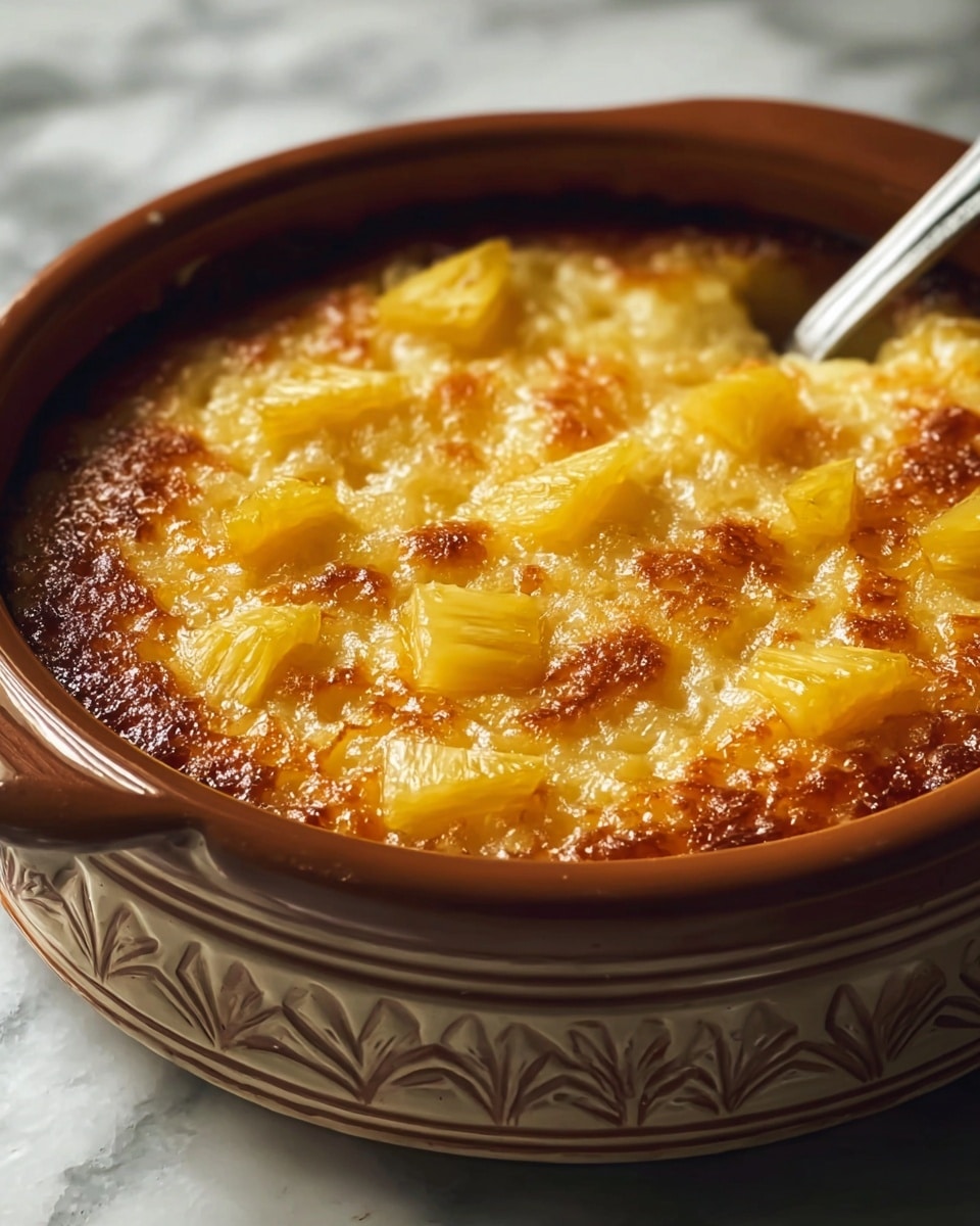 A round baked dish is shown in a creamy brown ceramic bowl with decorative patterns, placed on a white marbled textured surface. The dish has one visible layer: a golden brown, bubbly, slightly crispy top with small chunks of bright yellow pineapple pieces scattered evenly across it. The texture of the baking surface looks moist and caramelized, with a shiny appearance. In the background, a metallic utensil is partially visible inside the bowl. photo taken with an iphone --ar 4:5 --v 7