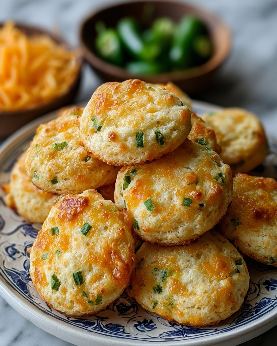 A plate shows a stack of small, round, golden-brown cheese biscuits with green scallion pieces visible throughout each biscuit's soft and slightly crispy texture. The biscuits are uneven in shape but uniformly cooked, with some having darker spots where the cheese has melted and browned. The white plate with a blue pattern holds the biscuits tightly layered on top of one another, and in the background, there is a bowl filled with shredded cheddar cheese and fresh green chili peppers resting on the white marbled surface. photo taken with an iphone --ar 4:5 --v 7