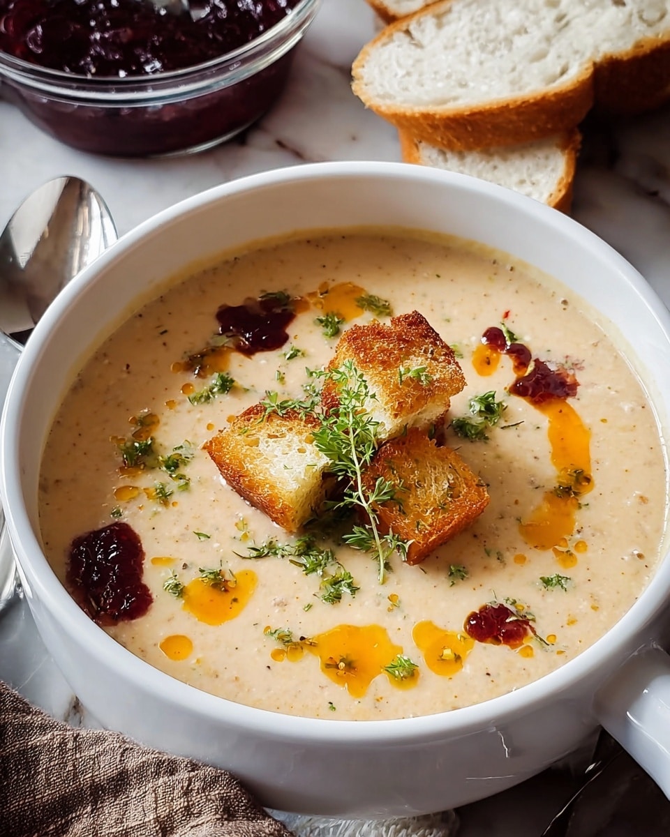 A creamy beige soup is served in a round white-handled bowl, with bits of herbs visible in the smooth texture. On top, there are three toasted golden-brown bread cubes stacked in the center, garnished with fresh green herbs. Around them, there are streaks of bright orange oil and a dollop of dark red sauce, creating a colorful contrast over the soup. The bowl sits on a white marbled surface with slices of white bread nearby and a glass bowl filled with dark red jam in the corner. photo taken with an iphone --ar 4:5 --v 7