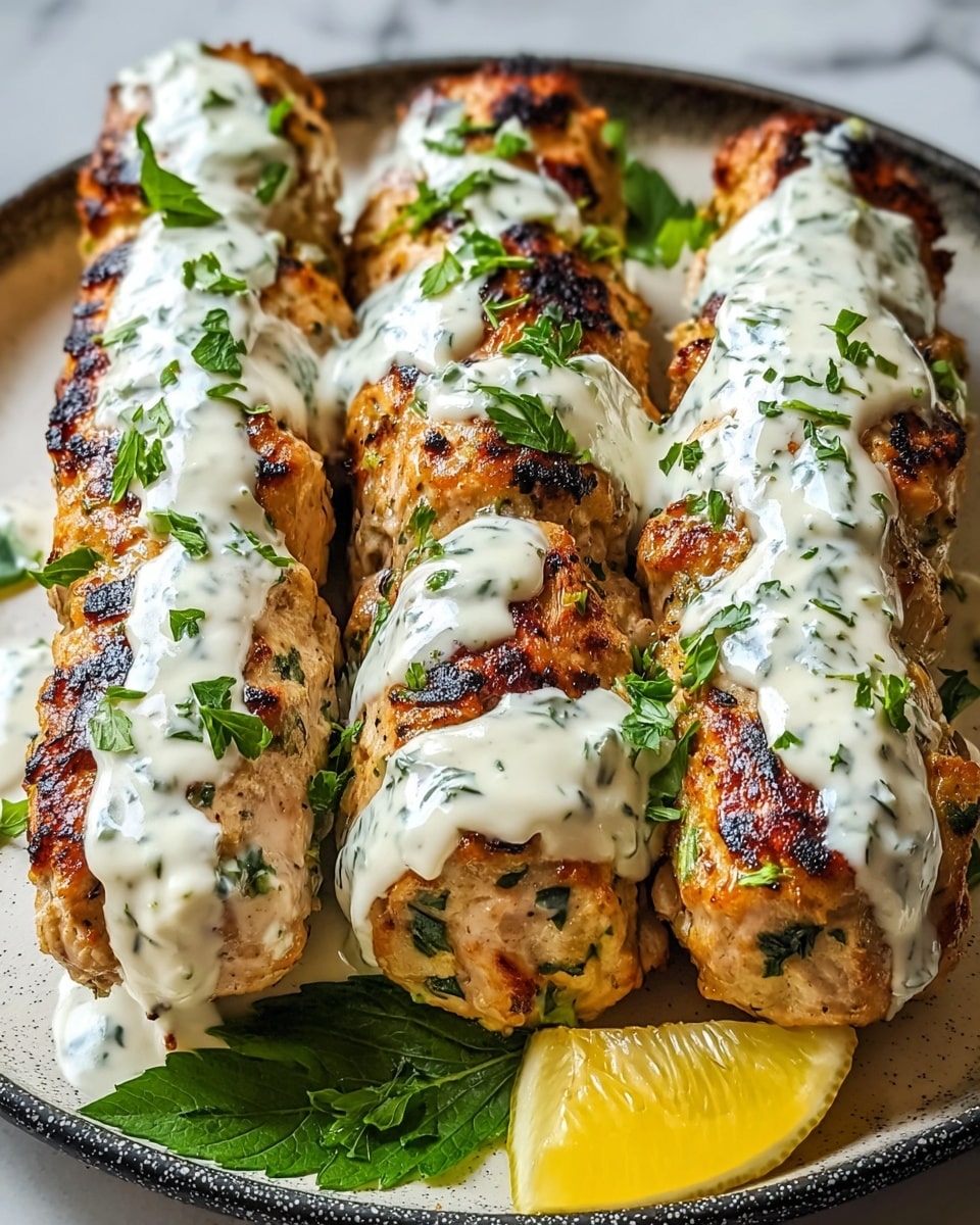 Three grilled chicken kebabs are placed side by side on a white plate with a dark speckled interior. Each kebab has a golden-brown crispy texture with visible charred spots and bits of green herbs mixed in the meat. A creamy white sauce with green herb specks is drizzled thickly across the top surfaces of each kebab, some dripping down the sides. Fresh green herb leaves are scattered lightly over the kebabs and sauce. In the bottom right corner of the plate, a small yellow lemon wedge rests on a bright green herb leaf. The plate sits on a white marbled surface. photo taken with an iphone --ar 4:5 --v 7