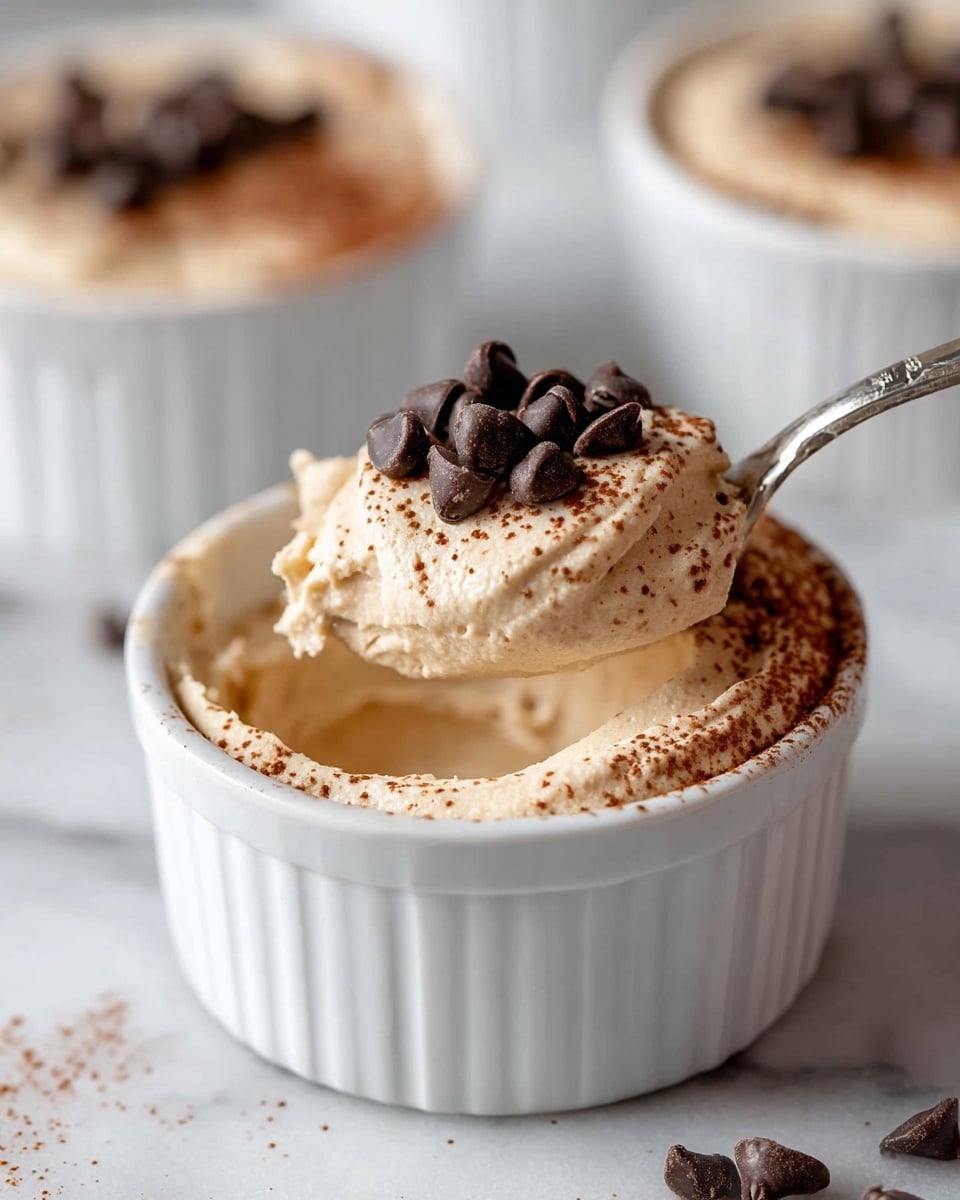 A white ramekin filled with a creamy, pale beige mousse that has a smooth and slightly whipped texture, with a spoon lifting a scoop showing its soft inside. The mousse is dusted lightly with cocoa powder and topped with a small pile of shiny, dark chocolate chips on the spoon. In the background, two more ramekins with the same mousse and chocolate chip topping are slightly blurred on a white marbled surface. Photo taken with an iphone --ar 4:5 --v 7