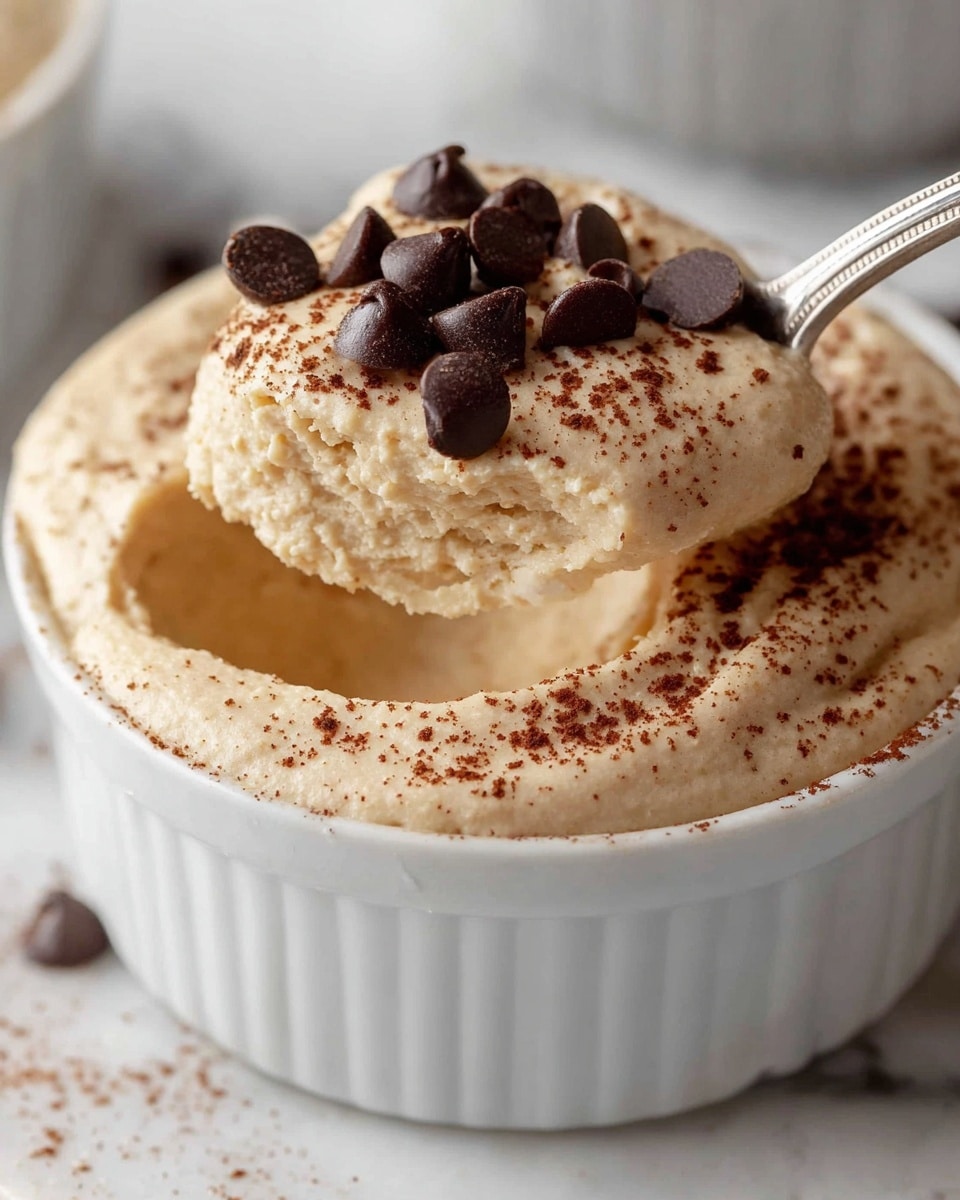 A close-up of a creamy, pale beige mousse or pudding in a white ramekin bowl, with a smooth, fluffy texture that looks light and airy; a spoon lifts a scoop showing a soft, spongy inside dusted lightly with dark brown cocoa powder and topped with several glossy, dark chocolate chips. The background and surface are a white marbled texture. Photo taken with an iphone --ar 4:5 --v 7