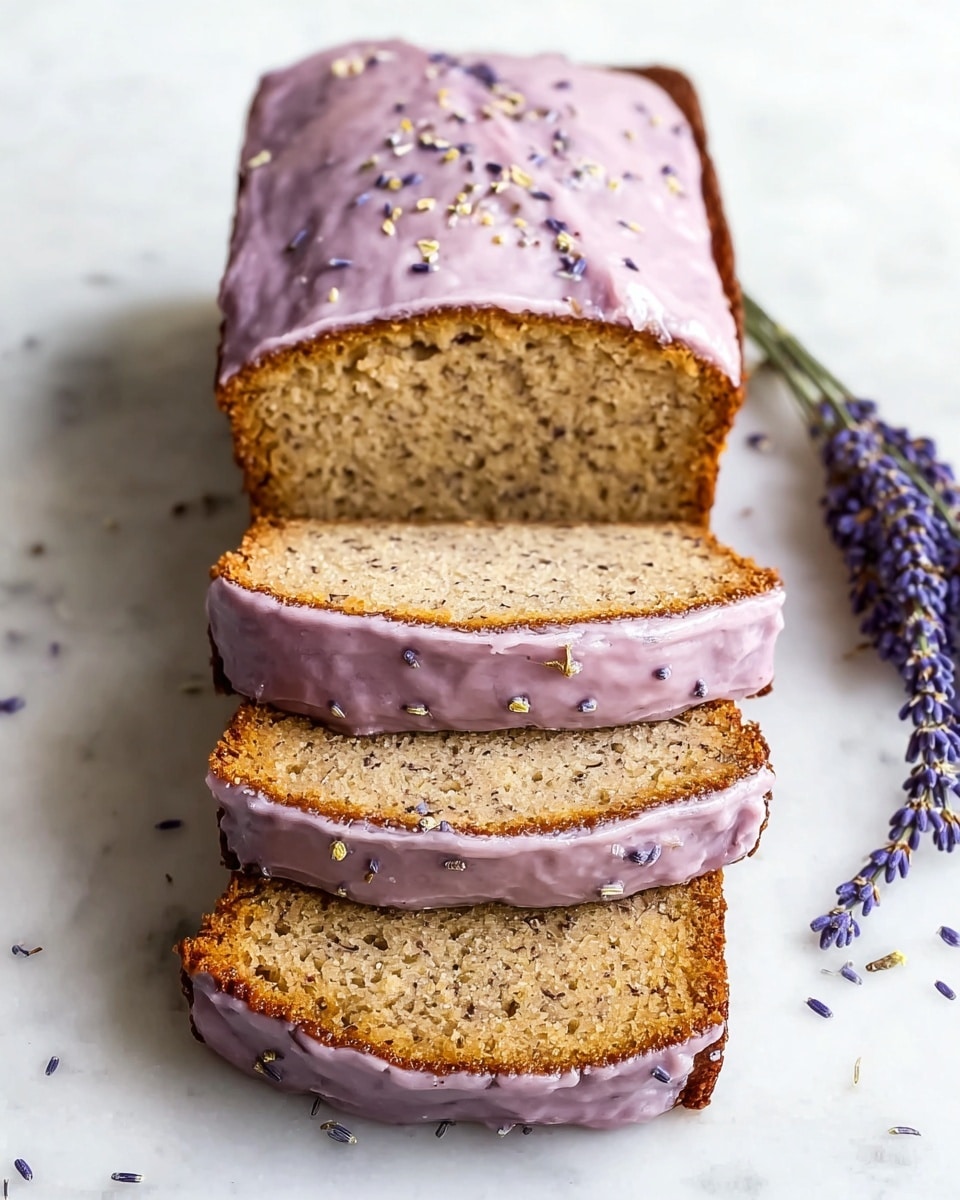 A loaf of bread cut into three thick slices stacked neatly, showing a dense, moist inside with a light brown color speckled with small darker spots. The top of the loaf and the two cut surfaces between slices have a smooth, pale purple frosting spread evenly, sprinkled lightly with tiny lavender buds. The crust is a darker brown, contrasting with the soft inside and frosting. The bread is placed on a white marbled surface with a small bunch of lavender flowers lying nearby. Photo taken with an iphone --ar 4:5 --v 7
