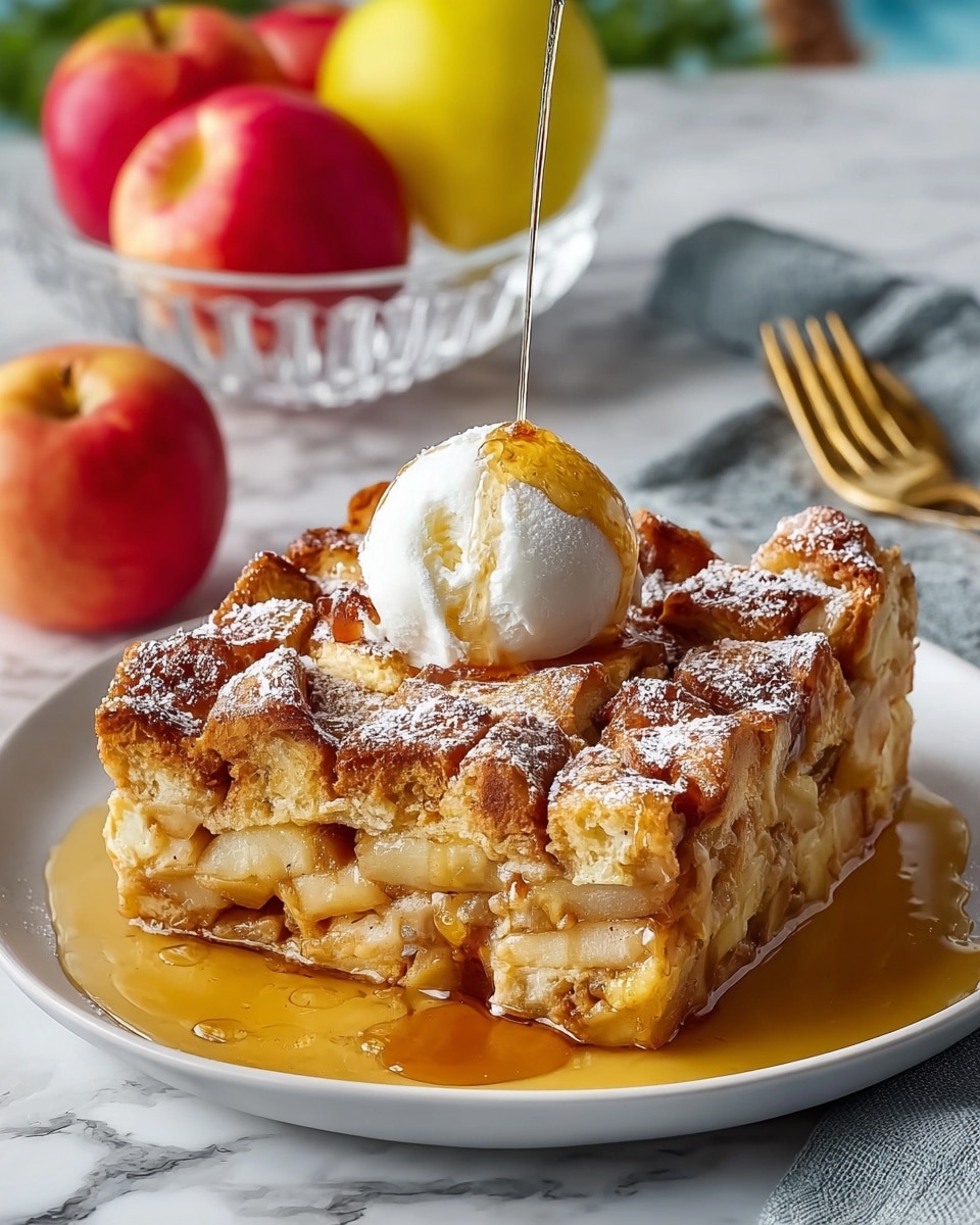 A thick square slice of apple bread pudding sits on a white plate, showing three main layers: the bottom layer full of soft, wet apple chunks soaked in syrup, the middle layer made of a light, smooth custard mixed with apple pieces, and the top layer with a golden-brown, crumbly crust dotted with caramelized apple cubes dusted with white powdered sugar. A round scoop of white ice cream rests in the center on top, with syrup being poured over it and trickling down the sides, pooling in a shiny amber-colored sauce around the pudding. The plate is set on a white marbled surface with a whole apple to the left, a clear bowl of bright yellow and red apples in the background, and a gold fork resting on a gray cloth nearby. Photo taken with an iphone --ar 4:5 --v 7