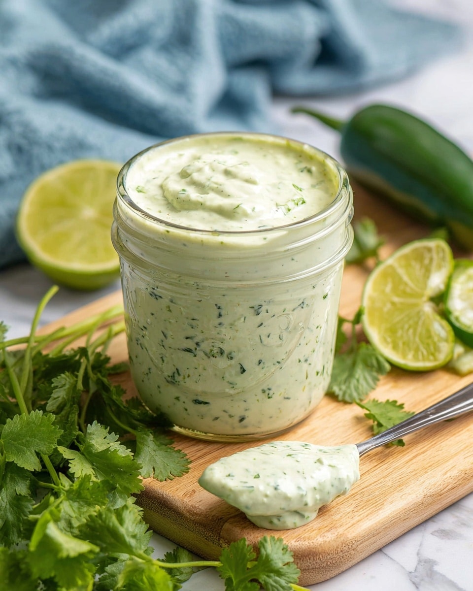 A creamy green sauce with visible small green herb bits overflowing from a clear glass jar, sitting on a light wooden board with fresh bright green cilantro leaves in the foreground, a halved lime showing its light green inside beside a whole dark green jalapeño pepper in the background, and a metal spoon with some sauce resting on a cilantro leaf in front, all on a white marbled texture with a soft blue cloth behind. photo taken with an iphone --ar 4:5 --v 7