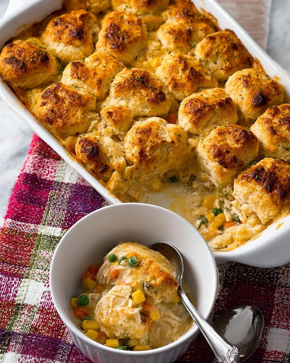 A white baking dish filled with a golden brown layered casserole, featuring a top layer of browned biscuit dough pieces in uneven blobs, some showing a toasted texture. Underneath is a creamy mixture with visible chunks of chicken, orange carrots, green peas, and yellow corn, spread evenly beneath the biscuit layer. To the side, a white bowl contains a scoop of the casserole with the same colorful filling and biscuit crust, with a silver spoon resting inside. The dishes sit on a table with a white marbled texture, atop a red, white, green, and purple checkered cloth. photo taken with an iphone --ar 4:5 --v 7