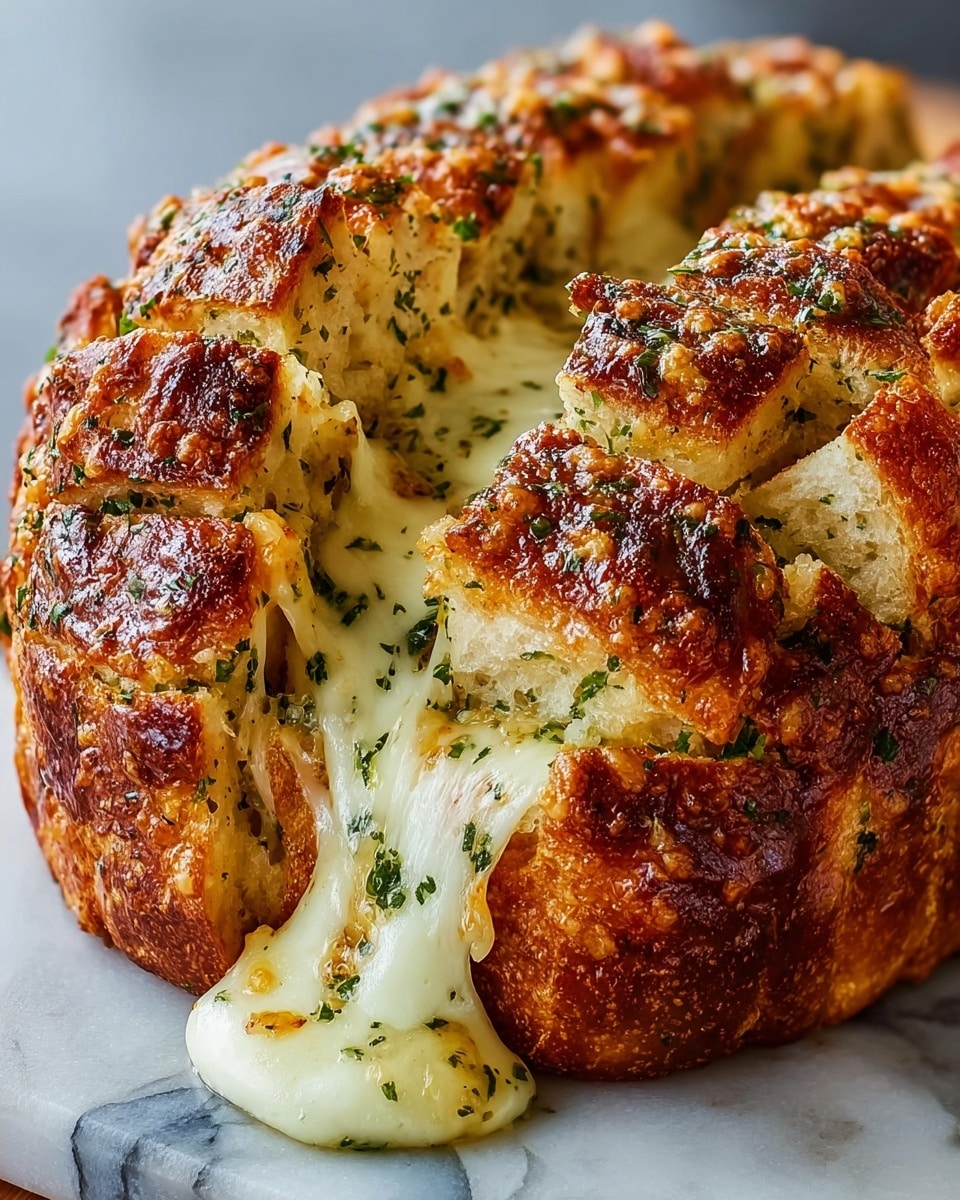 The image shows a close-up of a pull-apart bread with a golden-brown crust sprinkled with green herbs and garlic bits. The pull-apart sections are thick and soft with the middle filled with stretchy melted white cheese oozing out, creating a gooey texture between the layers. The bread has a rough, crispy top due to the baked cheese and herbs. It sits on a white marbled surface that adds a clean background contrast to the warm tones of the bread. photo taken with an iphone --ar 4:5 --v 7