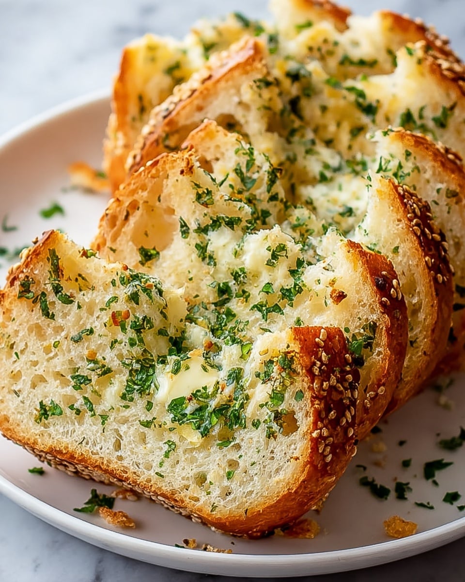 The image shows several thick slices of garlic bread placed closely side by side on a white plate, all arranged in a slight curve. Each slice has a crispy golden-brown crust with visible sesame seeds and a soft white inside, spread generously with melted butter and finely chopped fresh green parsley. The bread texture is fluffy with some cheese melted and slightly browned on the surface of the slices, showing a mix of creamy white and light golden colors on top. The plate rests on a white marbled surface with some crumbs and bits of parsley scattered around. Photo taken with an iphone --ar 4:5 --v 7