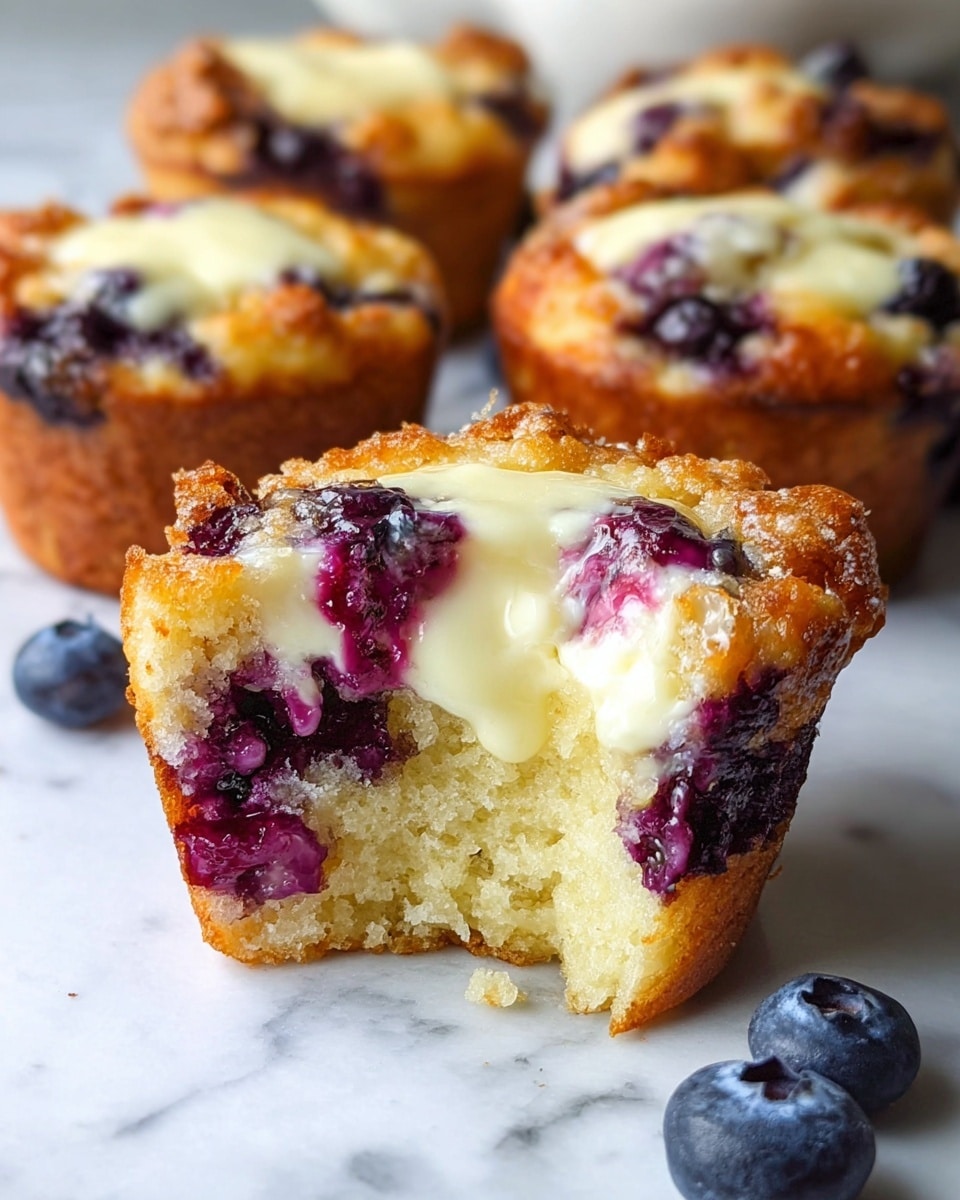 The image shows a close-up of one muffin torn open to reveal three layers: the outer layer is golden brown and crisp-textured, the middle layer is a soft, light yellow cake with a moist crumb, and the inner layer is a creamy, white filling glazed with shiny, dark purple blueberries that burst with juice, creating purple and red streaks inside. In the background, there are four more muffins arranged on a white marbled surface, each with visible blueberries and a similar golden crust. A few loose blueberries are scattered around the muffins. photo taken with an iphone --ar 4:5 --v 7
