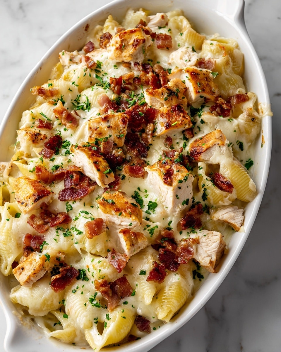 In a white oval dish filled with baked pasta shells, the bottom layer consists of creamy white sauce-covered pasta with a slightly browned, melted cheese layer on top. Scattered over this are tender chunks of grilled chicken breast, pale beige with light char marks, and evenly sprinkled crispy bacon bits, deep reddish-brown in color. The entire dish is garnished with fresh green chopped parsley, adding a pop of color against the melt of cheese and sauce. The dish sits on a white marbled surface, enhancing the warm tones of the food. Photo taken with an iphone --ar 4:5 --v 7