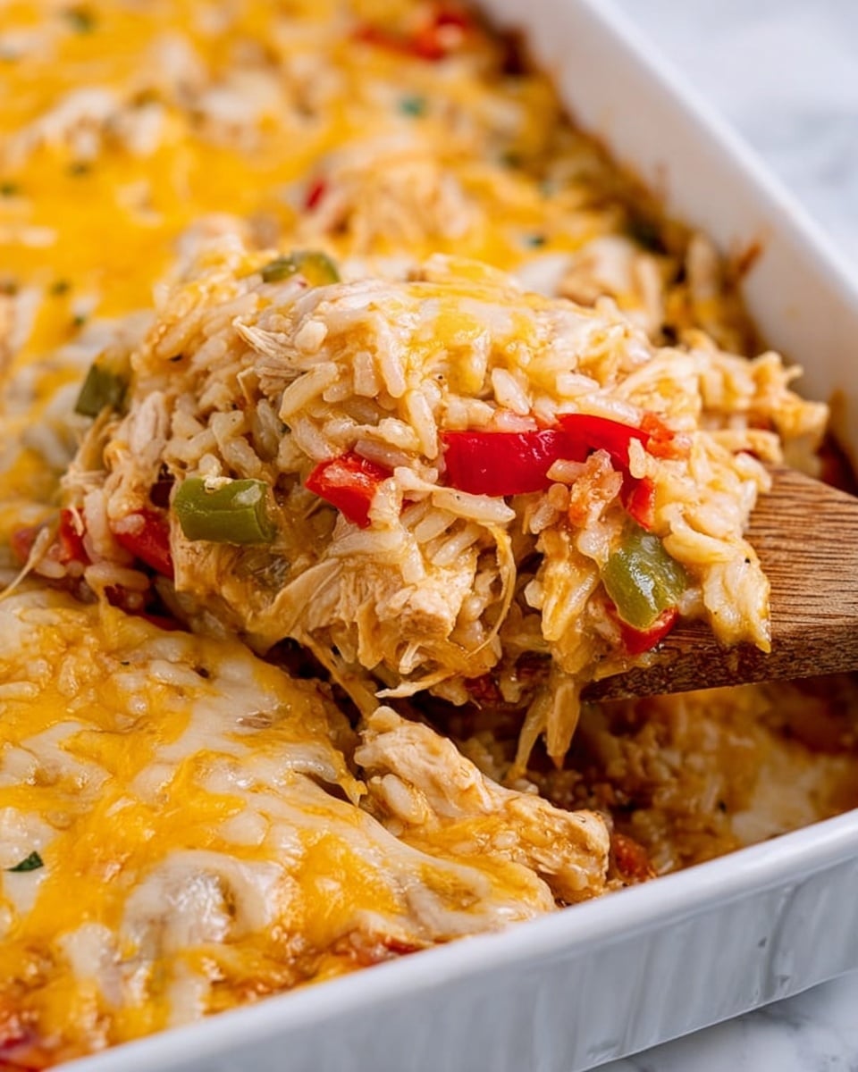 A close-up of a white baking dish filled with a layered cheesy chicken and rice casserole. The dish has at least three layers visible: a base layer with mixed rice and pieces of chicken that look tender and shredded, mixed with soft red and green bell pepper pieces. The middle layer is gooey melted cheese with a mix of white and yellow cheddar, creating a creamy texture. On top, there is more melted cheese spread evenly, with some parts slightly browned, giving a golden look. A wooden spoon is scooping a serving, lifting a mix of the cheesy, saucy rice and chicken. The background shows a white marbled surface. Photo taken with an iphone --ar 4:5 --v 7