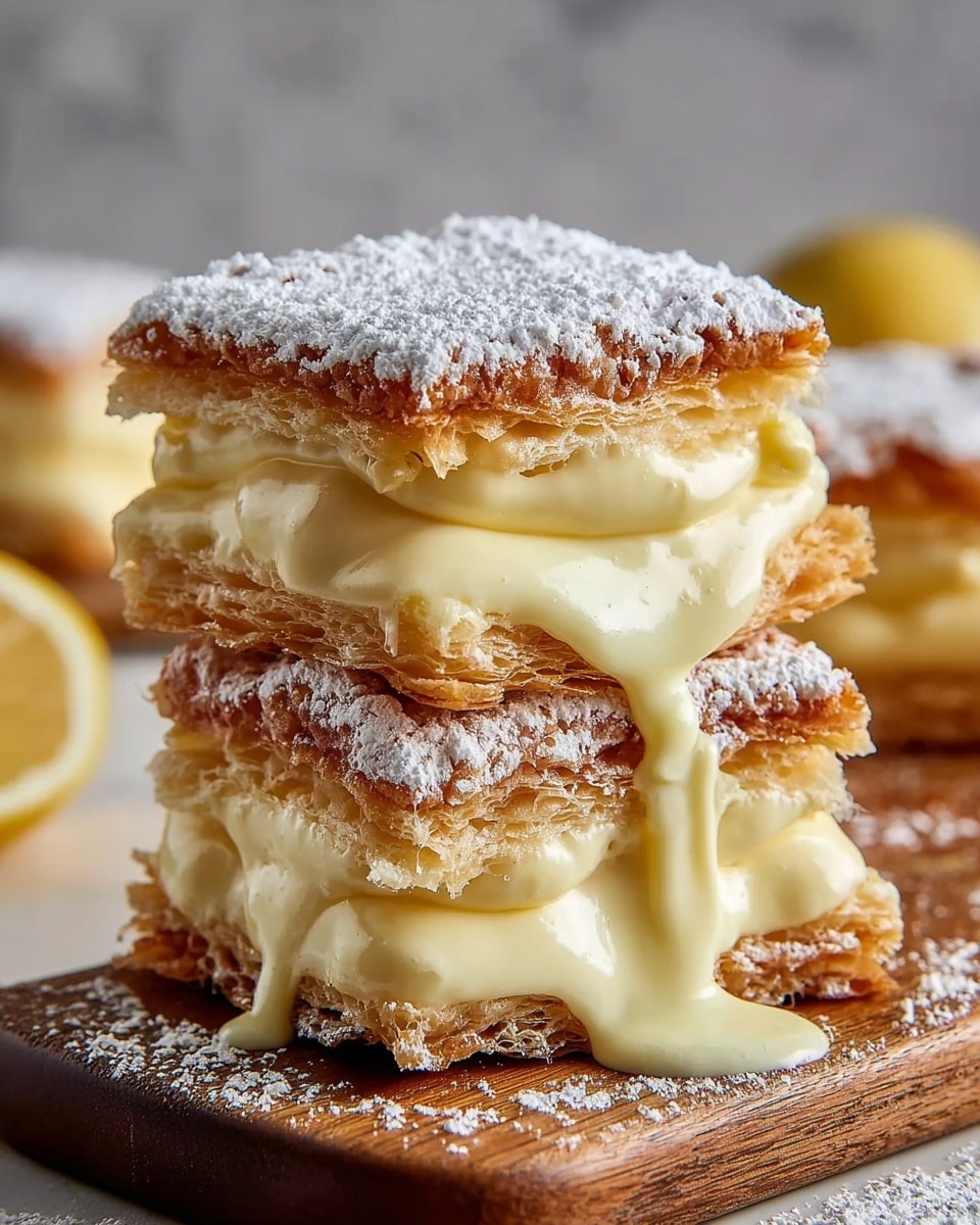 The image shows a close-up of two stacked creamy dessert squares on a wooden board, each with three visible layers. The bottom and top layers are golden brown and crispy with a rough texture, dusted with white powdered sugar, while the middle layers are thick, smooth, and pale yellow cream that drips slightly down the sides. The soft cream contrasts with the crunchy layers on top and bottom. The background has a white marbled texture, making the dessert stand out clearly. photo taken with an iphone --ar 4:5 --v 7