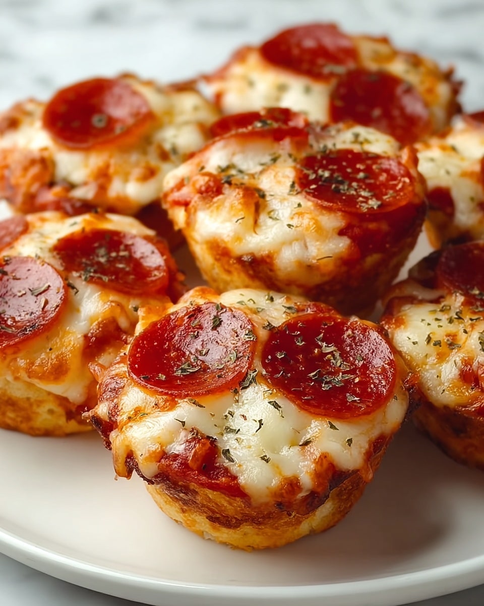 The image shows several mini pepperoni pizzas in a muffin shape, arranged on a white plate sitting on a white marbled surface. Each pizza has a golden-brown crust forming the base layer, topped by a bright red tomato sauce layer. Above the sauce is melted mozzarella cheese, which is bubbly and slightly browned around the edges. On top of the cheese are three to four glossy, round pepperoni slices that are crisped slightly on the edges, sprinkled lightly with dried herbs for garnish. The pizzas are close together, filling the white plate fully. Photo taken with an iphone --ar 4:5 --v 7