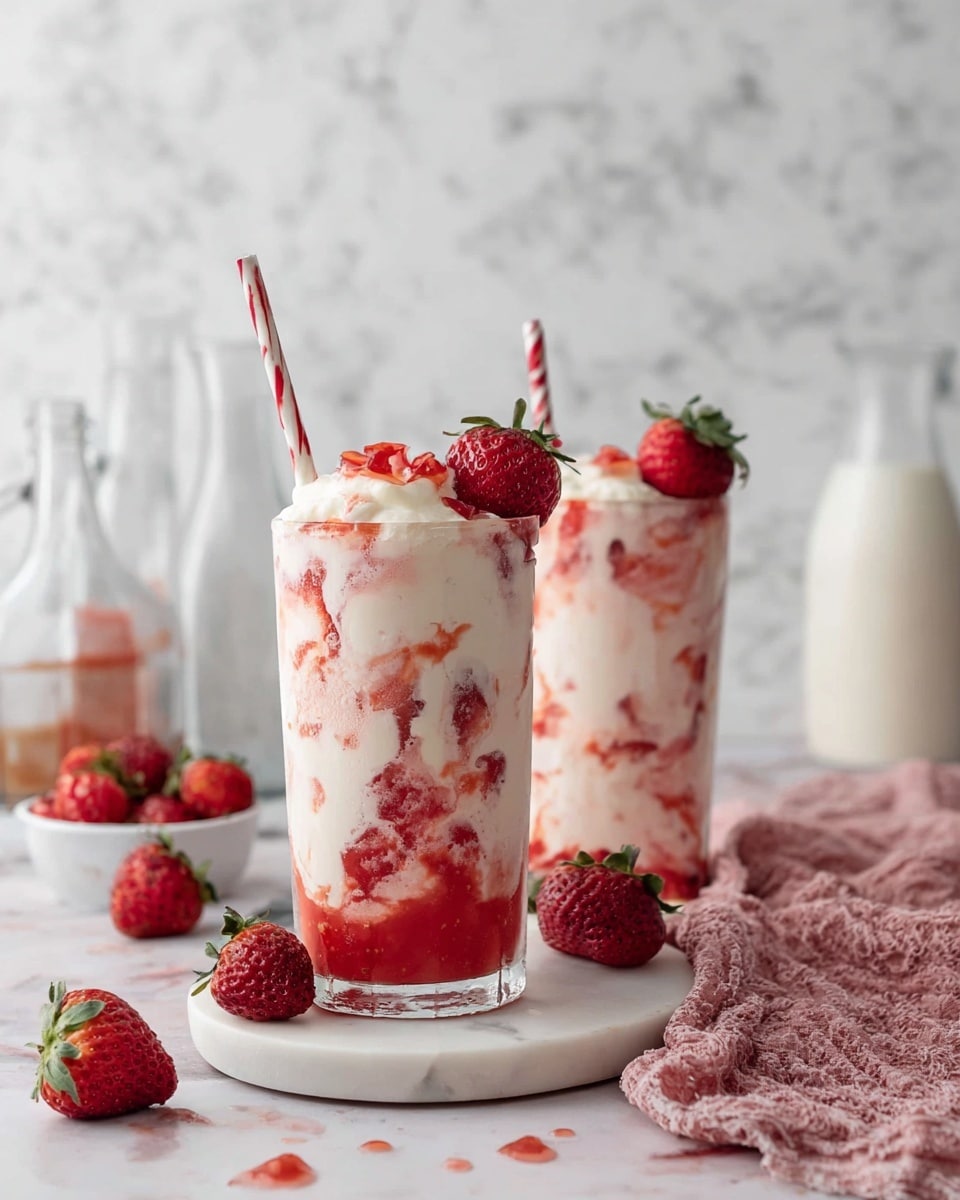 The image shows two tall clear glasses filled with a creamy white and red swirled drink, with visible chunks of red strawberries throughout. The drink has about three layers: a bottom layer of thick red strawberry puree, a middle layer with mixed swirls of white cream and red strawberries, and a top layer of white creamy texture with small strawberry pieces on top. Each glass has a striped red and white straw and a whole strawberry on the rim. The glasses are placed on a round white marble surface with fresh strawberries and small strawberry pieces scattered around. A pink textured cloth is laid nearby, and in the background, clear glass bottles and a white pitcher can be seen, all set against a white marbled texture wall. photo taken with an iphone --ar 4:5 --v 7