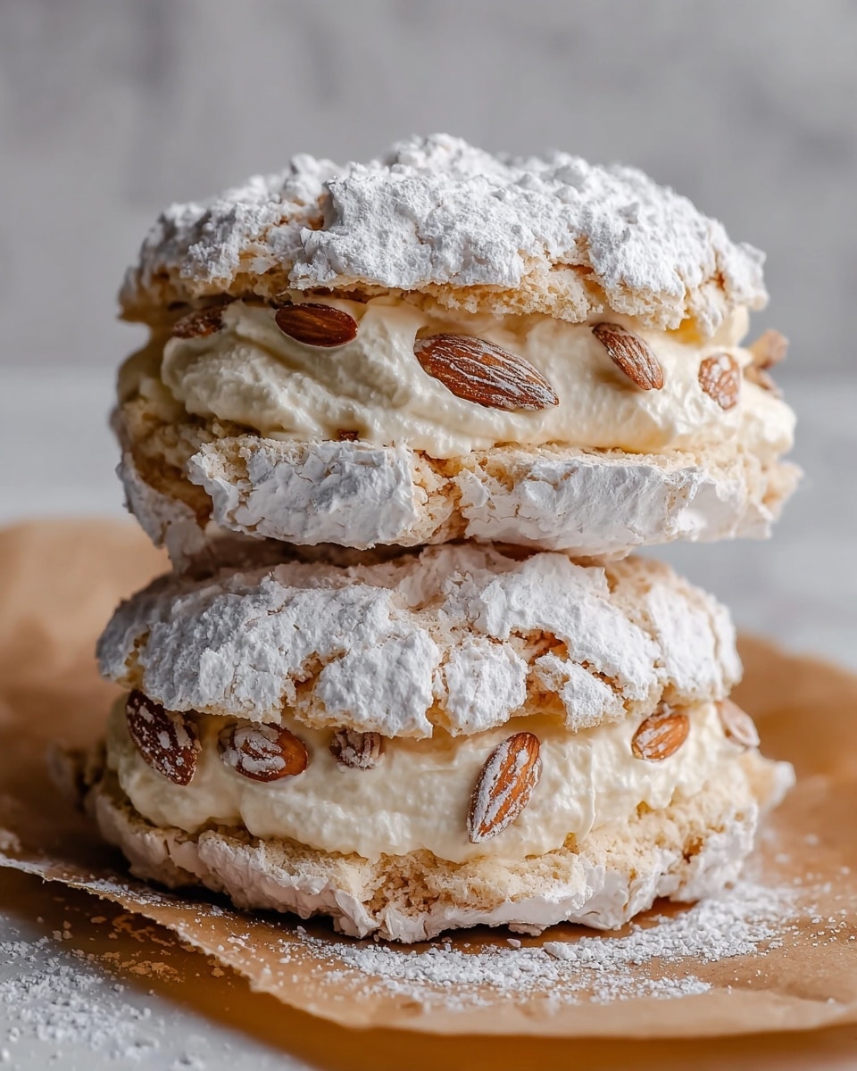 This image shows two stacked sweet almond meringue sandwiches with thick, creamy white filling mixed with almond slices. Each sandwich has two rough-textured, cracked meringue layers dusted heavily with white powdered sugar. The middle filling layer is soft and fluffy, with visible almond pieces giving a light brown contrast. The sandwiches rest on brown parchment paper with a simple white marbled surface in the background. photo taken with an iphone --ar 4:5 --v 7