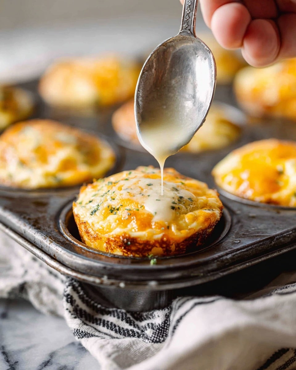 A close-up image of a dark metal muffin tray holding baked cheesy egg bites with a golden, slightly crispy top layer that shows melted cheese and herbs. A woman's hand holding a silver spoon is drizzling a creamy white sauce over one egg bite, making the sauce drip slowly back down. The background is soft and blurred, featuring more egg bites in the tray, all set on a white marbled surface with a black and white striped cloth nearby. photo taken with an iphone --ar 4:5 --v 7