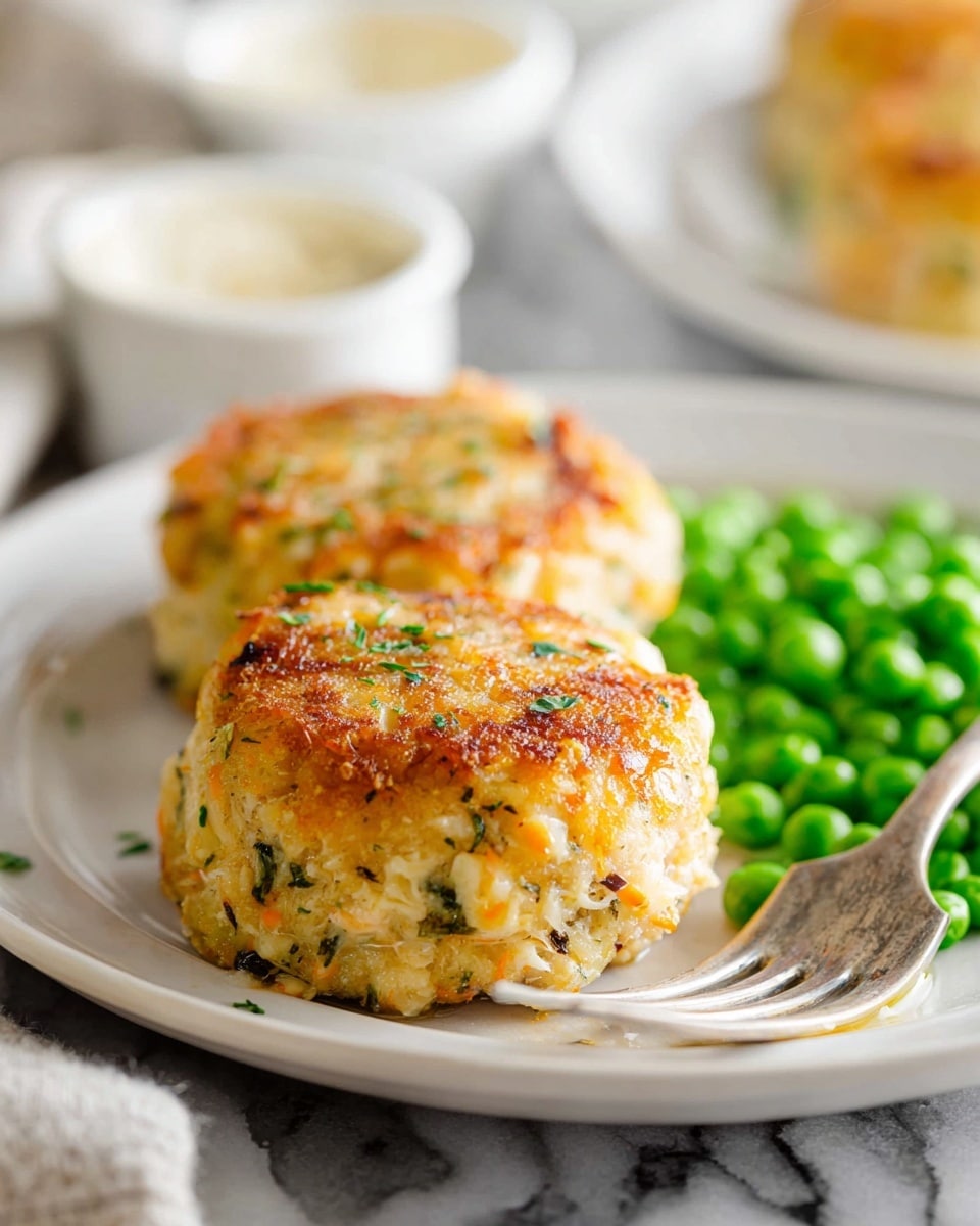 The image shows two golden-brown baked crab cakes stacked on a white plate, each with a crispy textured top mixed with herbs and small bits of crab meat. The crab cakes are positioned on the right side of the plate, while bright green peas fill the left side, offering a smooth, round texture and vibrant color contrast. A silver fork rests on the edge of the plate to the right, and in the slightly blurred background are white bowls with sauces or dips. The plate sits on a white marbled surface. photo taken with an iphone --ar 4:5 --v 7