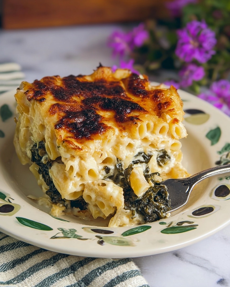 A square piece of baked pasta dish is shown on a white plate with green and black olive designs, placed on a white marbled surface with purple flowers and a striped cloth in the background. The top layer is golden brown and slightly crispy with browned spots, while below it there is a thick creamy white layer containing small pasta tubes. Underneath this is a dark green leafy vegetable layer mixed with a creamy sauce and pasta. A silver fork pierces through the bottom layers, showing the soft texture inside. photo taken with an iphone --ar 4:5 --v 7