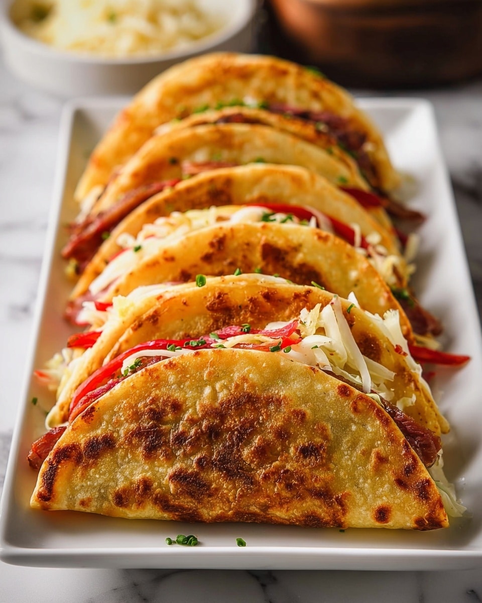 The image shows a row of five folded tacos placed neatly on a white rectangular plate set on a white marbled surface. Each taco has two golden-brown, crispy tortillas folded over a filling. Inside, there are visible layers of thin red slices of meat, light yellow melted cheese or cabbage, and small green herb bits sprinkled on top. The tacos are well toasted with darker brown spots on the tortilla surface, giving a crunchy texture. In the background, there is a blurred bowl with white shredded cheese and parts of other food items. Photo taken with an iphone --ar 4:5 --v 7