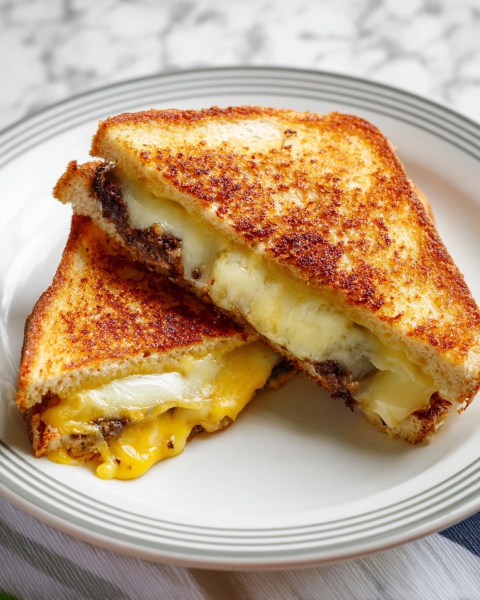 A grilled sandwich cut diagonally into two parts sits on a white plate with a thin grey rim. The sandwich has three main layers: golden brown toasted bread on top and bottom with a slightly rough texture, a middle layer of melted yellow and white cheese that oozes out slightly, and a visible layer of dark brown grilled meat beneath the cheese. The sandwich looks crispy on the outside with a soft, gooey inside. The background is a white marbled texture. photo taken with an iphone --ar 4:5 --v 7