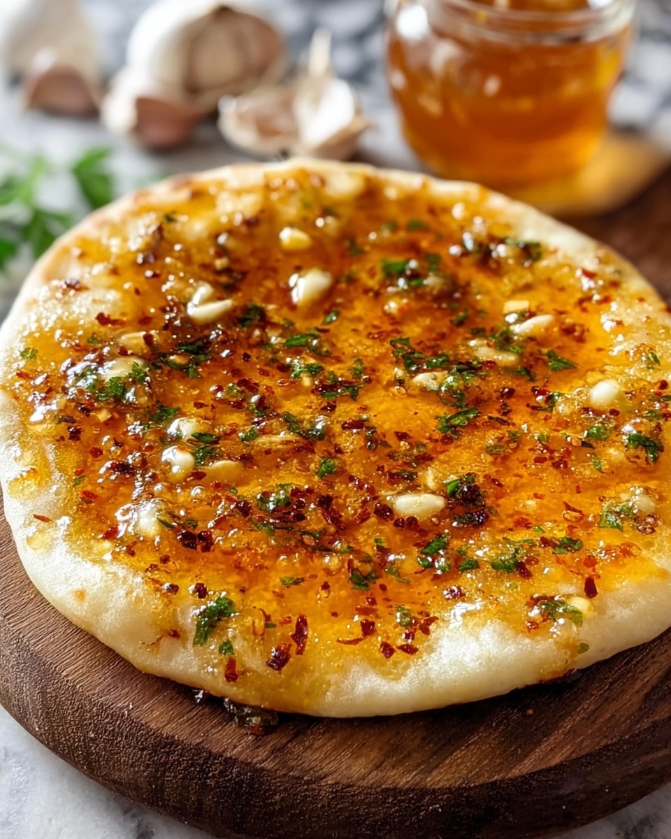 A round flatbread with a golden-brown crust sits on a wooden board, topped with a thick layer of shiny, orange-colored sauce mixed with white garlic pieces, green herbs, and red chili flakes spread evenly across the surface. The crust edges are light beige and slightly puffy, with small bubbles visible. In the blurred background, there are peeled garlic cloves and a jar of amber liquid, all placed on a white marbled texture. photo taken with an iphone --ar 4:5 --v 7