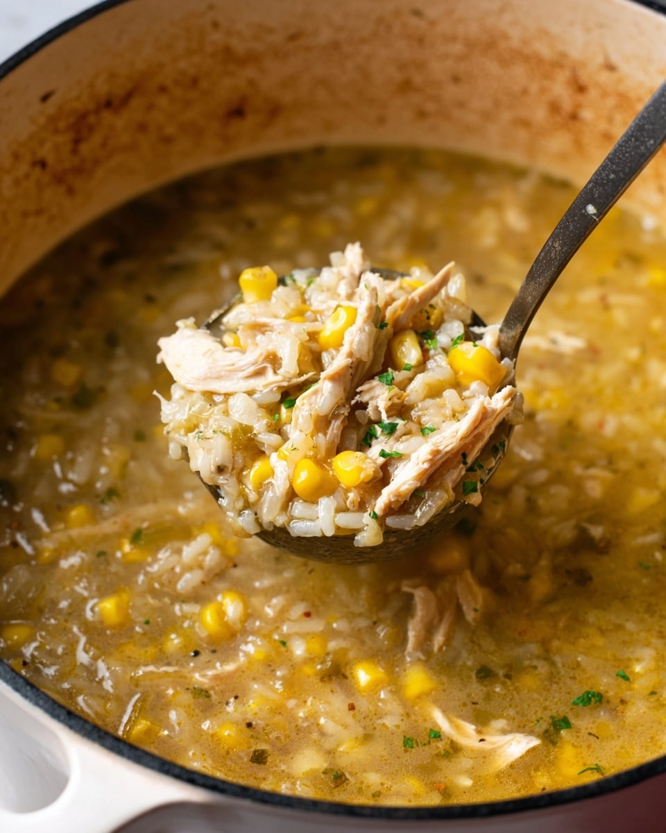 A close-up view of a white pot filled with thick soup showing a ladle lifting a spoonful. The soup has various layers, the base is a light yellowish broth with small bits of diced onions and herbs. Floating in this broth are tender pieces of cooked chicken, bright yellow corn kernels, and soft cooked rice with a slightly sticky texture. The ladle holds a mixture of all these ingredients, with some green parsley bits scattered throughout, and a slightly glossy surface from the broth. The pot’s inside rim shows a faint browning from cooking, on a white marbled surface in the background. photo taken with an iphone --ar 4:5 --v 7
