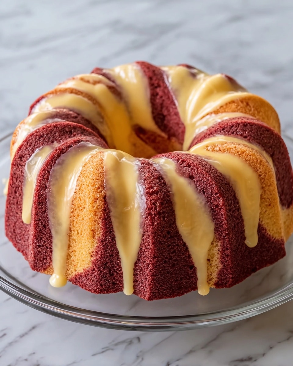 The image shows a bundt cake with two colors and textures swirled together: a deep red-brown part and a creamy pale yellow part. The cake has a ring shape with thick vertical ridges all around. The red-brown areas are soft and porous, while the yellow parts are smooth and glossy, almost like a glaze, flowing into the grooves on top. The cake sits on a clear round glass plate, placed on a white marbled surface. photo taken with an iphone --ar 4:5 --v 7