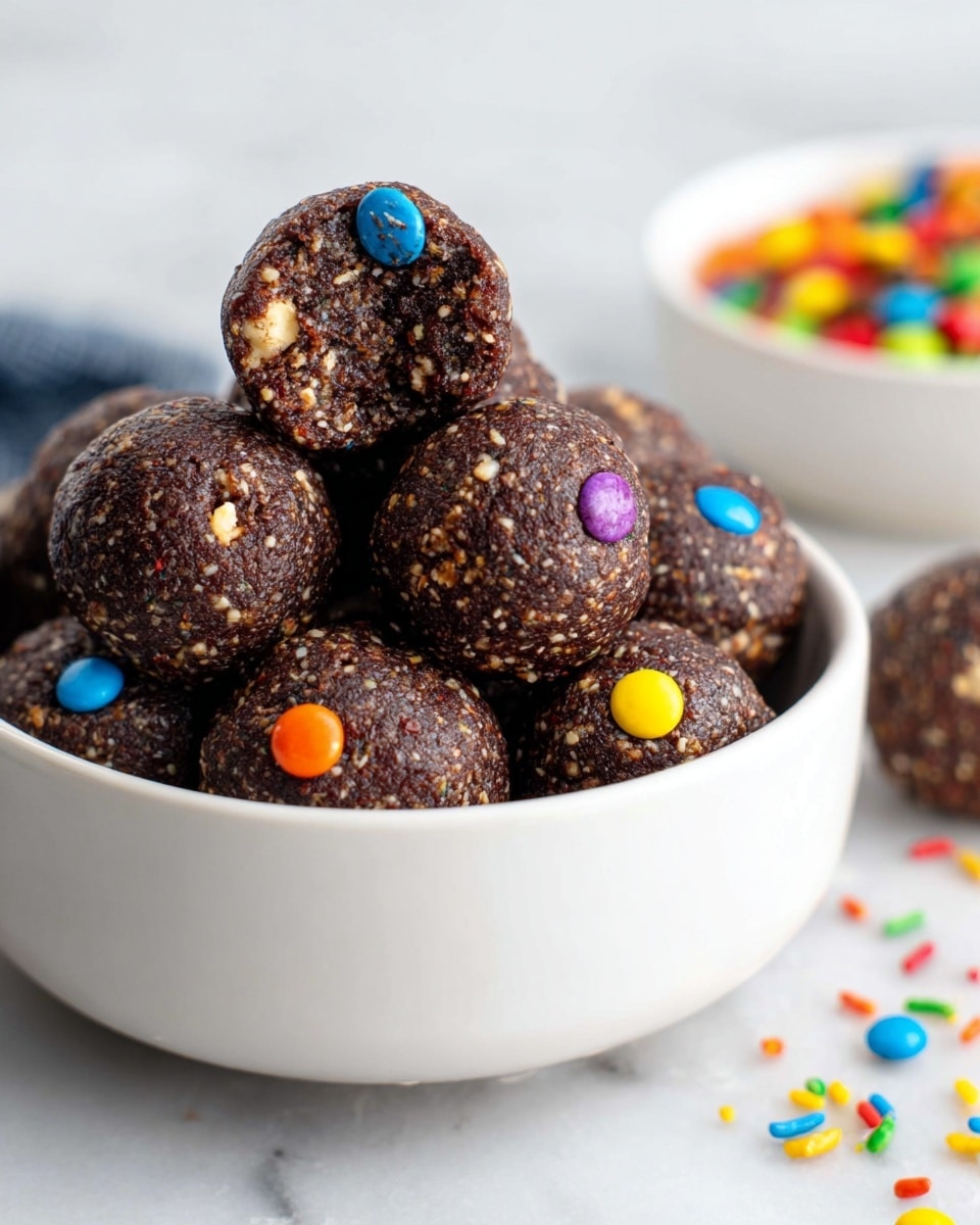 A white bowl filled with about ten dark brown, round chocolate balls that have a rough, nutty texture with small bits mixed inside. Colorful small candy pieces in bright orange, yellow, blue, green, and purple are scattered on the surface of each ball. One ball on top has a visible bite taken out, showing a dense, chewy interior with bits of candy and nuts inside. Tiny colorful candy pieces are also scattered around the bowl on a white marbled surface. In the background, there is a white bowl blurred out, filled with similar colorful candy pieces. photo taken with an iphone --ar 4:5 --v 7