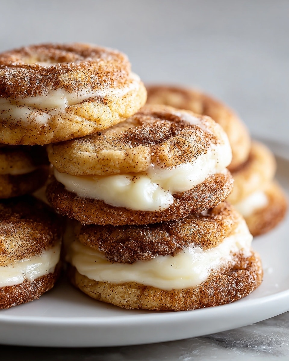 A close-up view of a stack of soft, round cinnamon roll cookies on a white plate, each cookie showing two main layers: a golden-brown baked dough layer with a slightly crisp outer edge and a thick, creamy white frosting layer sandwiched in the middle, some frosting slightly melting and oozing out. The surface of the cookies is sprinkled with a grainy cinnamon sugar mix, giving a textured appearance with dark brown specks contrasting against the light golden dough. The background shows a white marbled texture that softly blurs, putting all focus on the warm, cinnamon-glazed cookies. photo taken with an iphone --ar 4:5 --v 7