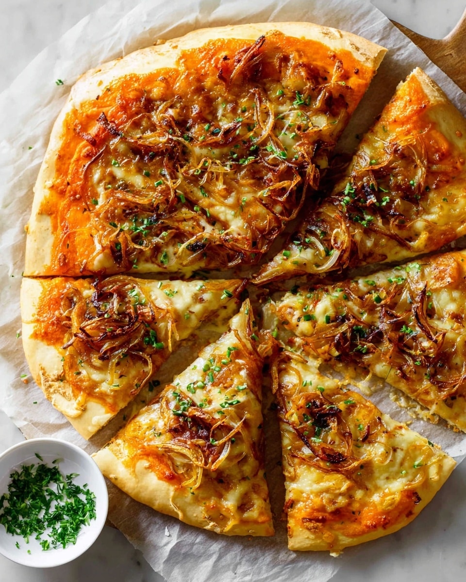 A round pizza sliced into six pieces is placed on parchment paper over a white marbled surface. The pizza has a thick, golden-brown crust as the base. The first layer is a bright orange sauce spread evenly over the dough. On top of the sauce is a melted layer of light yellow cheese with some browned spots. Scattered across the cheese are caramelized thin onion strips, golden to dark brown in color, giving texture to the pizza. A small white bowl of finely chopped green herbs is placed near the pizza on the left side. photo taken with an iphone --ar 4:5 --v 7