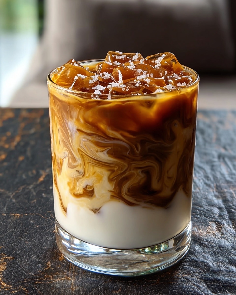 A clear glass filled with a cold drink showing three main layers: the bottom layer is creamy white milk, the middle layer has light brown swirls blending into the milk, and the top layer is dark brown iced coffee with ice cubes visible. On top, there is a drizzle of thick caramel sauce and scattered white sea salt flakes. The glass is set on a dark textured surface with a blurred white marbled background. photo taken with an iphone --ar 4:5 --v 7