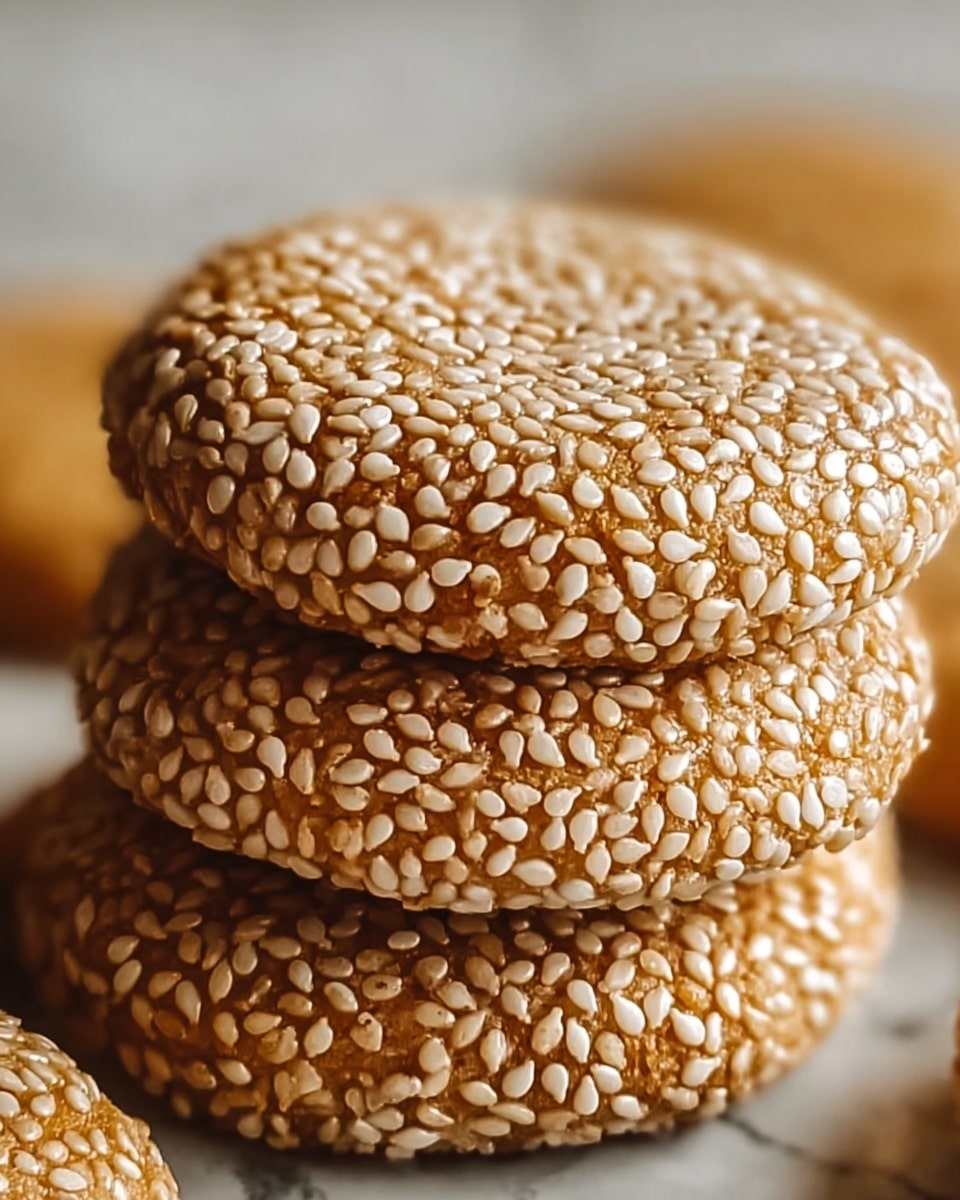 A close-up of a stack of three round cookies covered with many small white sesame seeds. The cookies have a golden brown color with a slightly shiny and smooth surface under the seeds. More cookies with the same pattern are blurred in the background on a white marbled texture. The focus is on the top cookie showing the texture of the seeds and the light reflections clearly. photo taken with an iphone --ar 4:5 --v 7