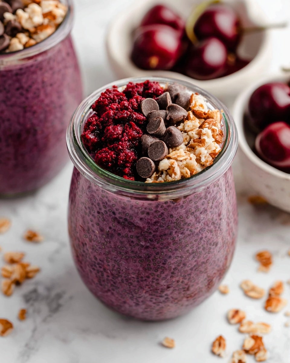 A glass jar filled with three layers: the bottom and main layer is a thick purple chia pudding with visible chia seeds spread evenly, topped with a small amount of dark red chopped fruit on one side, a cluster of light brown granola, and a few dark brown chocolate chips grouped near the center. In the background, there is another jar with the same purple pudding and a white bowl filled with whole dark red cherries, all placed on a white marbled surface with scattered bits of granola around the jar. photo taken with an iphone --ar 4:5 --v 7