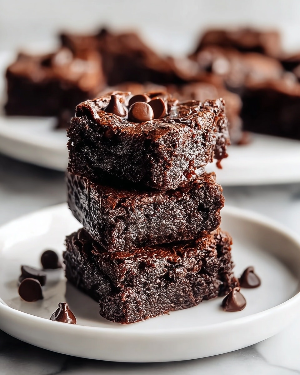 Four square brownies are stacked on a white round plate over a white marbled surface. The bottom layer has three brownies side by side, each dark brown with a moist texture and chocolate chips spread inside and on the surface. The top layer has one brownie centered on the three below, showing a shiny cracked top with several chocolate chips. In the blurred background, more brownies are seen on white plates. The overall color is dark chocolate with a rich, soft texture. photo taken with an iphone --ar 4:5 --v 7