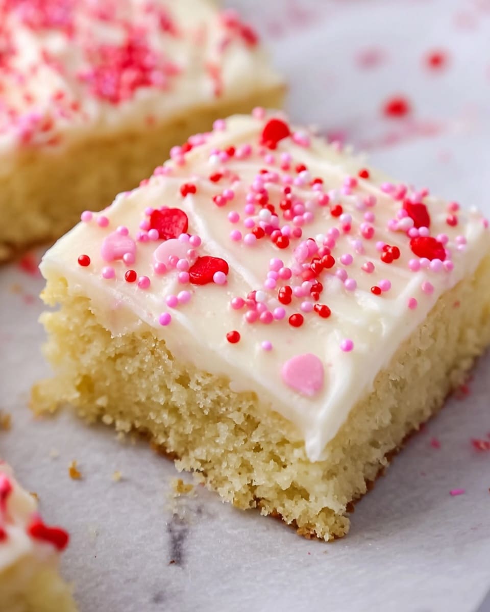 A single square piece of cake with one layer of light yellow crumb, topped with a thick layer of white creamy frosting, sprinkled with small round pink and red candy beads scattered evenly across the top. The cake rests on a white marbled surface with another partially visible piece nearby. The texture of the cake looks soft and moist with the frosting smooth and slightly fluffy. Photo taken with an iphone --ar 4:5 --v 7