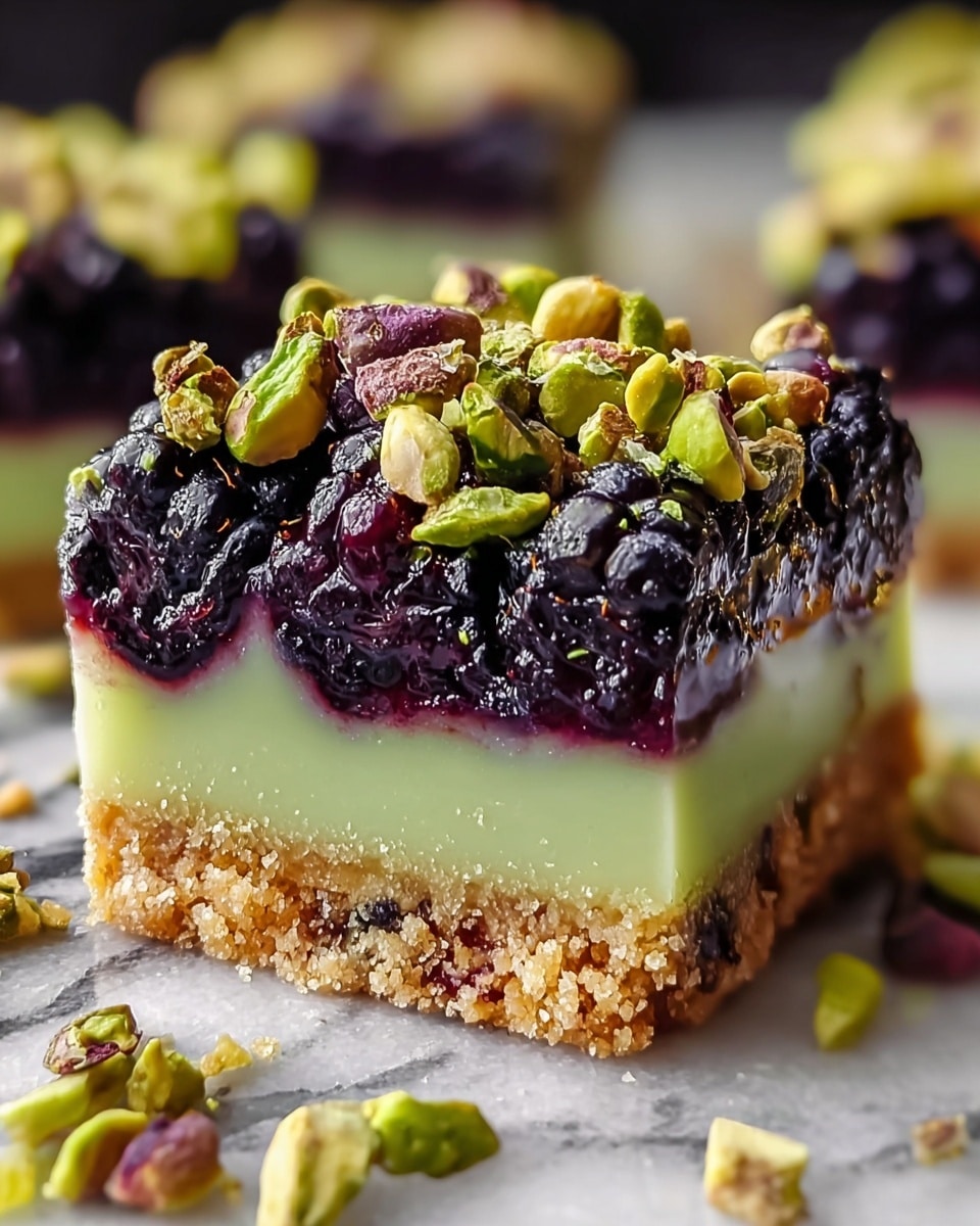 A close-up of a square dessert bar with three clear layers on a white marbled surface: the bottom layer is a crumbly light brown crust, the middle layer is a smooth pale green filling, and the top layer consists of dark purple-black blackberry fruit mixed with chunks of green and purple pistachios scattered on and around the bar. Photo taken with an iphone --ar 4:5 --v 7