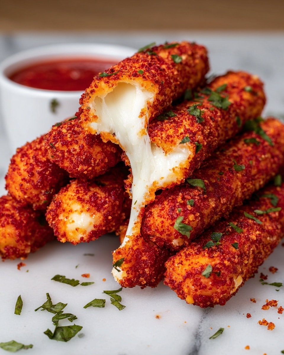 A close-up of a stack of mozzarella sticks covered in a bright red, coarse, crumbly coating, each stick showing a golden-orange-crisp texture with bits of green herbs scattered on and around them. One mozzarella stick is broken open, revealing the soft, melted white cheese stretching inside. The sticks rest on a white surface with a few green herb leaves sprinkled nearby. To the left, a white bowl filled with thick, red marinara sauce adds a contrasting splash of color. The background is a white marbled texture, softly blurred to put focus on the cheesy sticks. Photo taken with an iphone --ar 4:5 --v 7