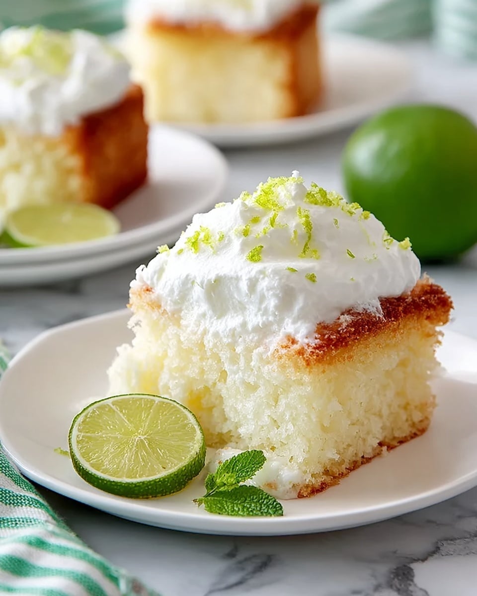 A single square slice of white cake with a golden brown top crust rests on a white plate, showing a fluffy, moist interior with a creamy white filling layer near the bottom. On top of the cake slice is a dollop of smooth white whipped cream adorned with small yellow-green lime zest pieces. On the plate next to the cake are two halves of a bright green lime and a small fresh green mint leaf. In the blurred background, two more white plates each hold similar cake slices, and a whole green lime sits out of focus. The whole scene is set on a white marbled surface with a green and white striped cloth partially visible. Photo taken with an iphone --ar 4:5 --v 7